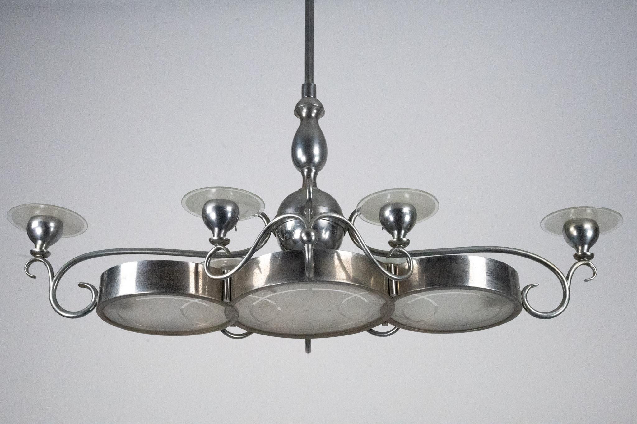 Lampadario italiano Art Déco in ottone nichelato e vetro smerigliato, anni '30 in vendita 7