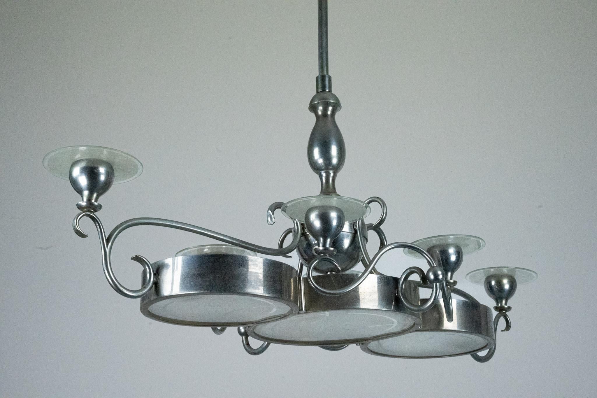 Lampadario italiano Art Déco in ottone nichelato e vetro smerigliato, anni '30 in vendita 8
