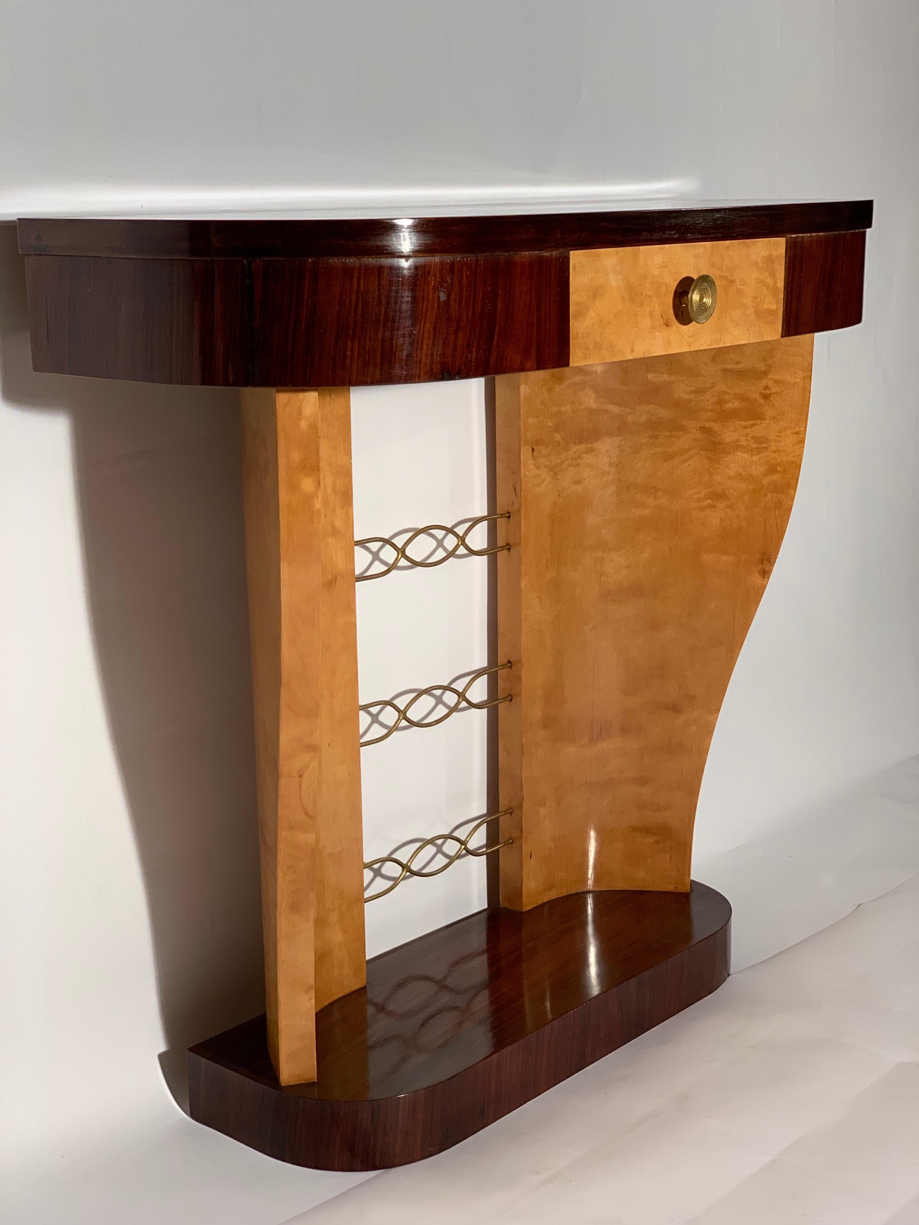 Art Deco Italian Demilune Console with Drawer and Brass Details In Good Condition In Firenze, Toscana