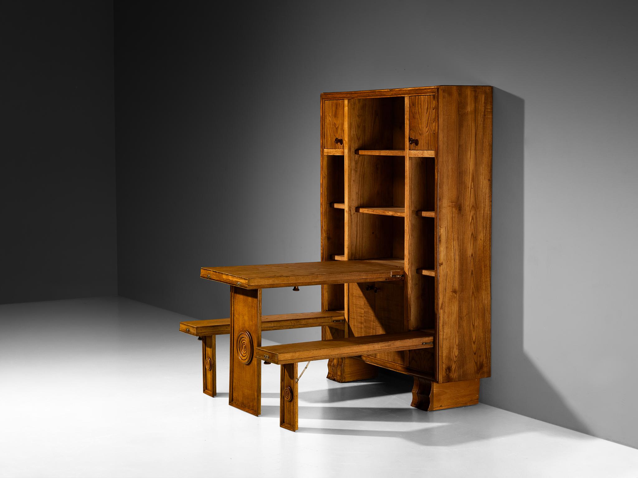 Armario Plegable Art Decó Italiano con Mesa y Bancos en Castaño 11