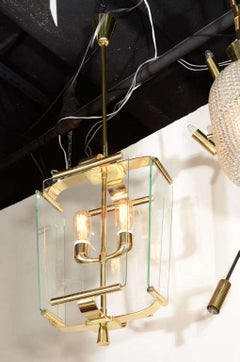 Art Deco Italian Four Glass Panel and Brass Lantern