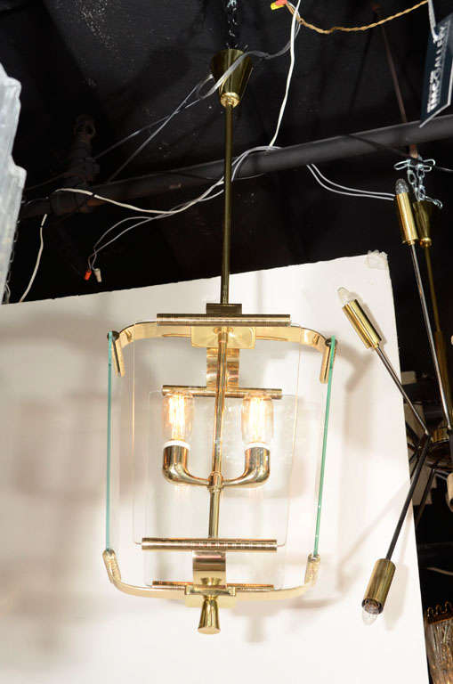 Art Deco Italian Four Glass Panel and Brass Lantern In Good Condition For Sale In New York, NY