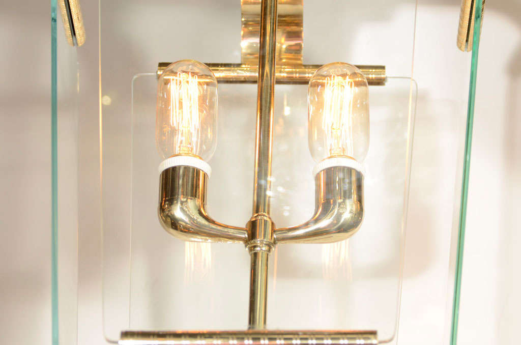 Art Deco Italian Four Glass Panel and Brass Lantern For Sale 2