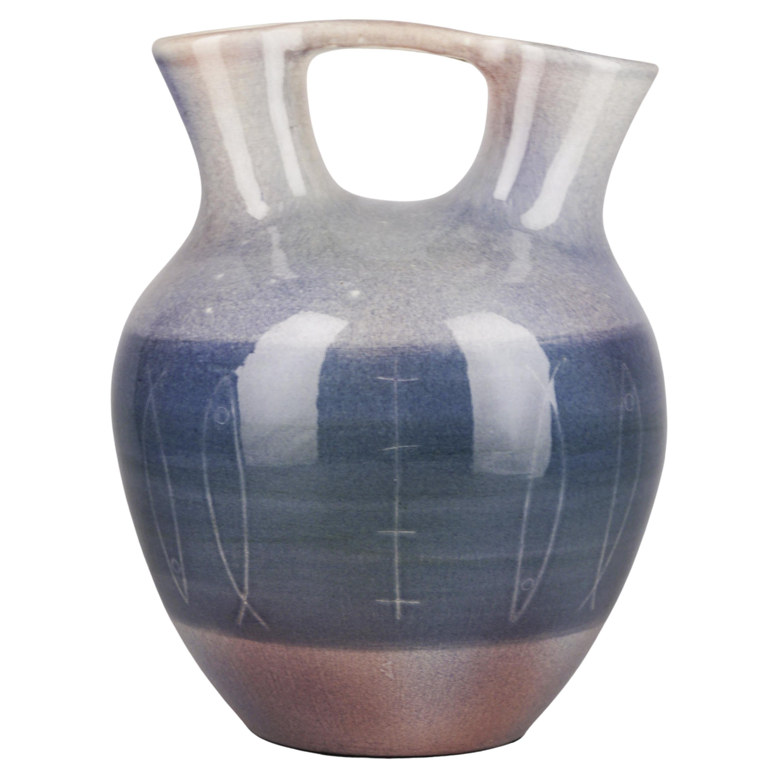 Art Déco Italian Glazed Ceramic Vase/Amphora with Handle and Double Spout For Sale