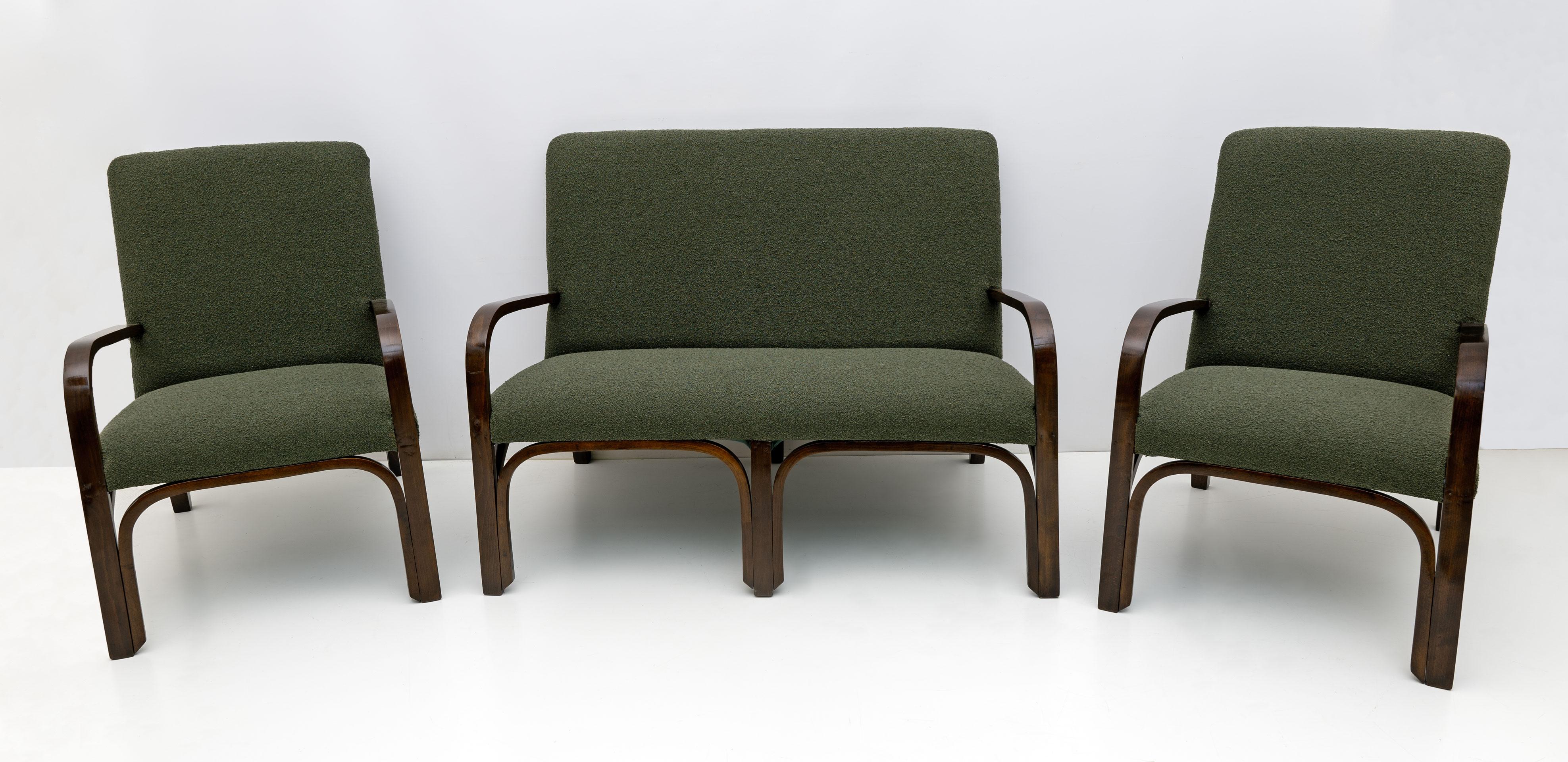 Art Dèco Italian Green Bouclè Two Armchairs and Small Sofa, 1930s For Sale 13