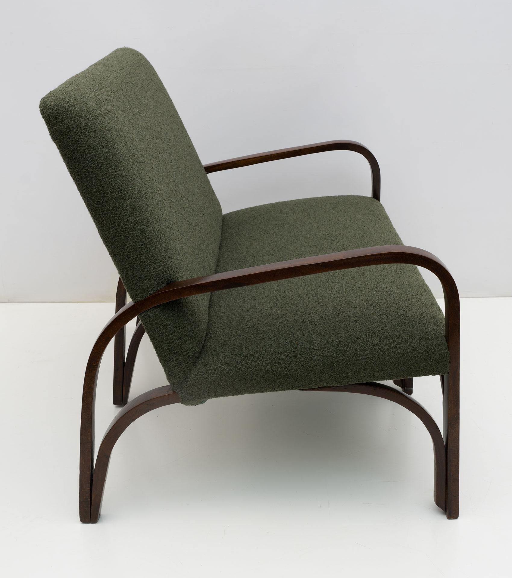 Milieu du XXe siècle The Art Dèco Italian Green Bouclè Deux fauteuils et petit canapé, années 1930 en vente