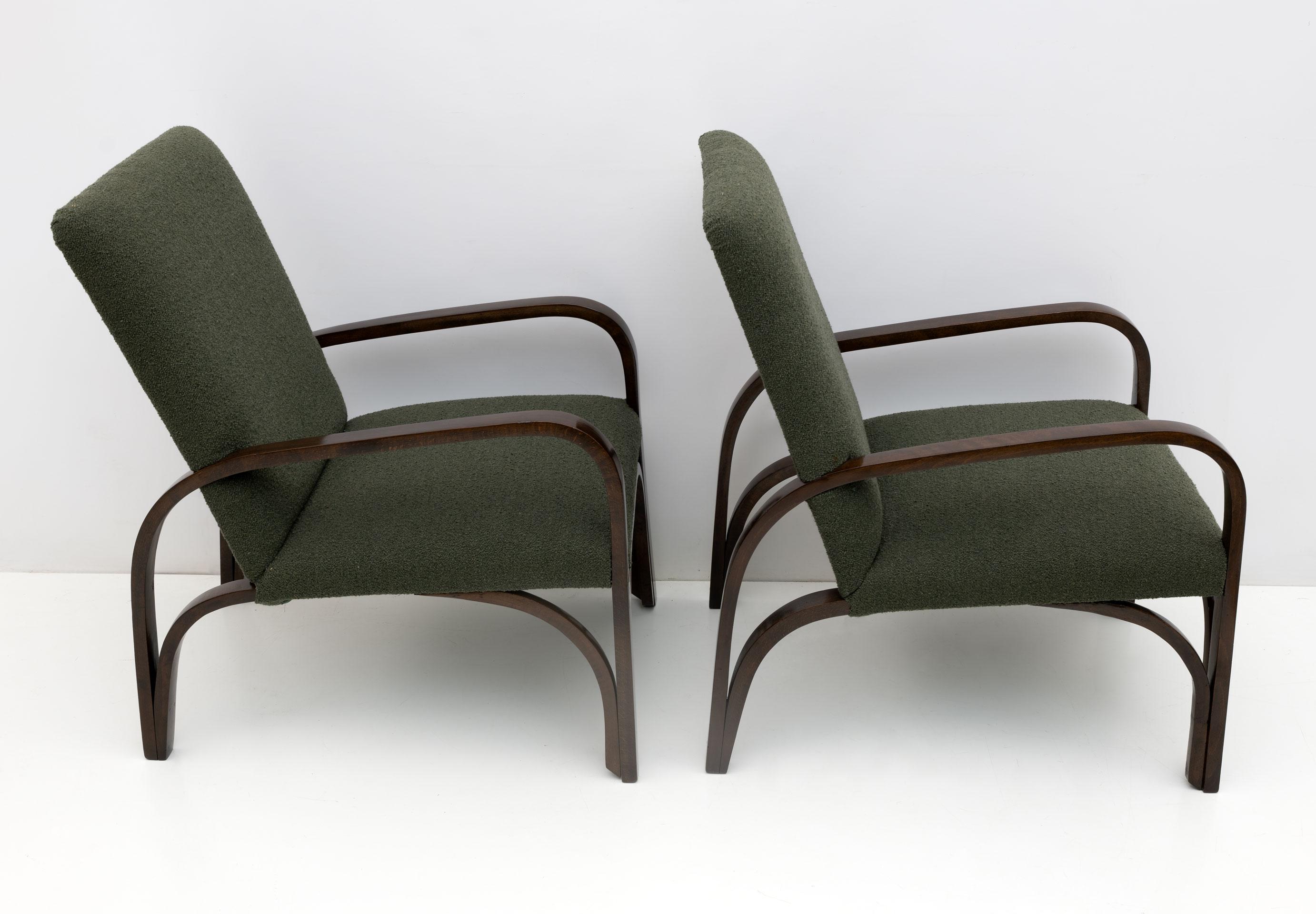 Art Dèco Italian Green Bouclè Two Armchairs and Small Sofa, 1930s For Sale 3