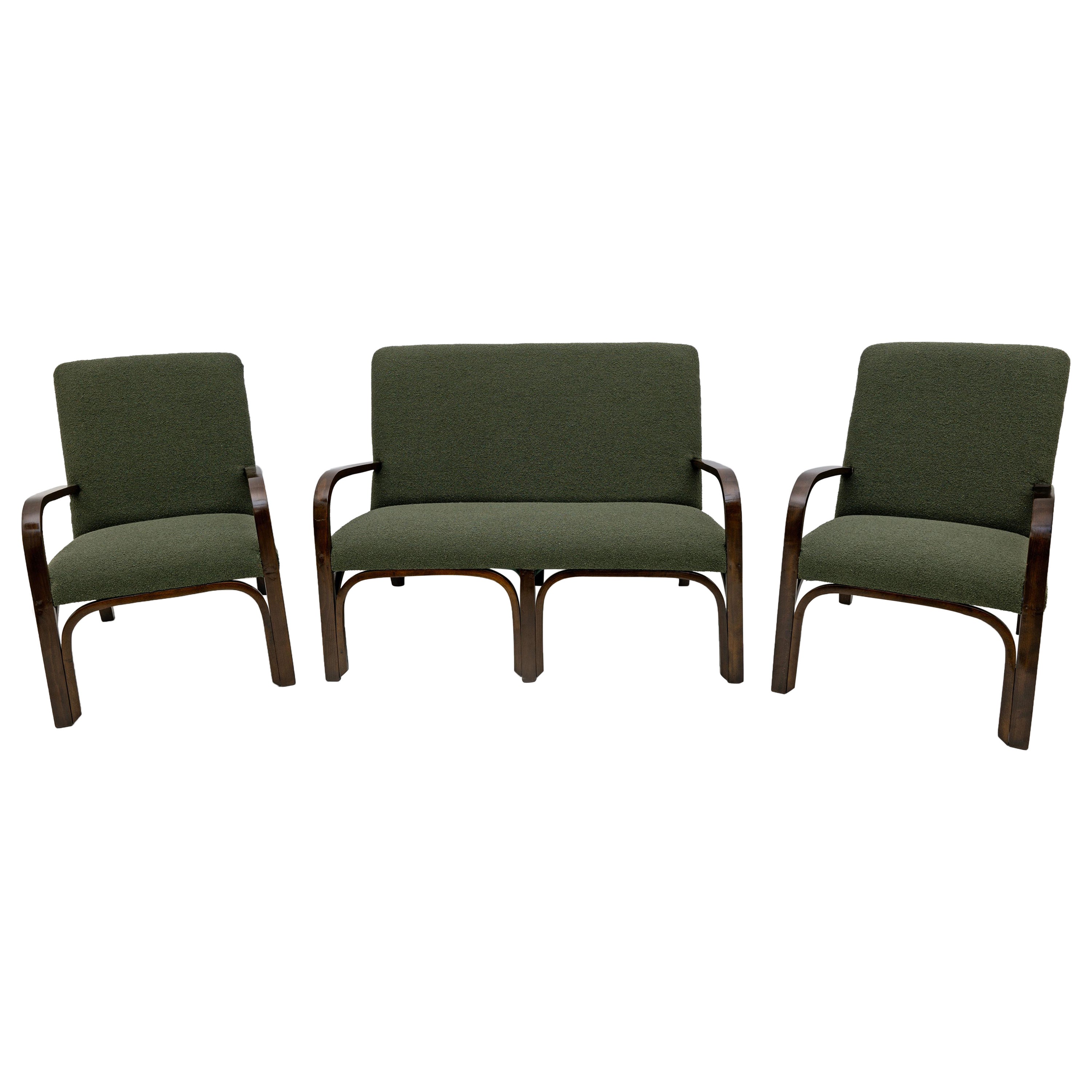 Art Dèco Italian Green Bouclè Two Armchairs and Small Sofa, 1930s For Sale