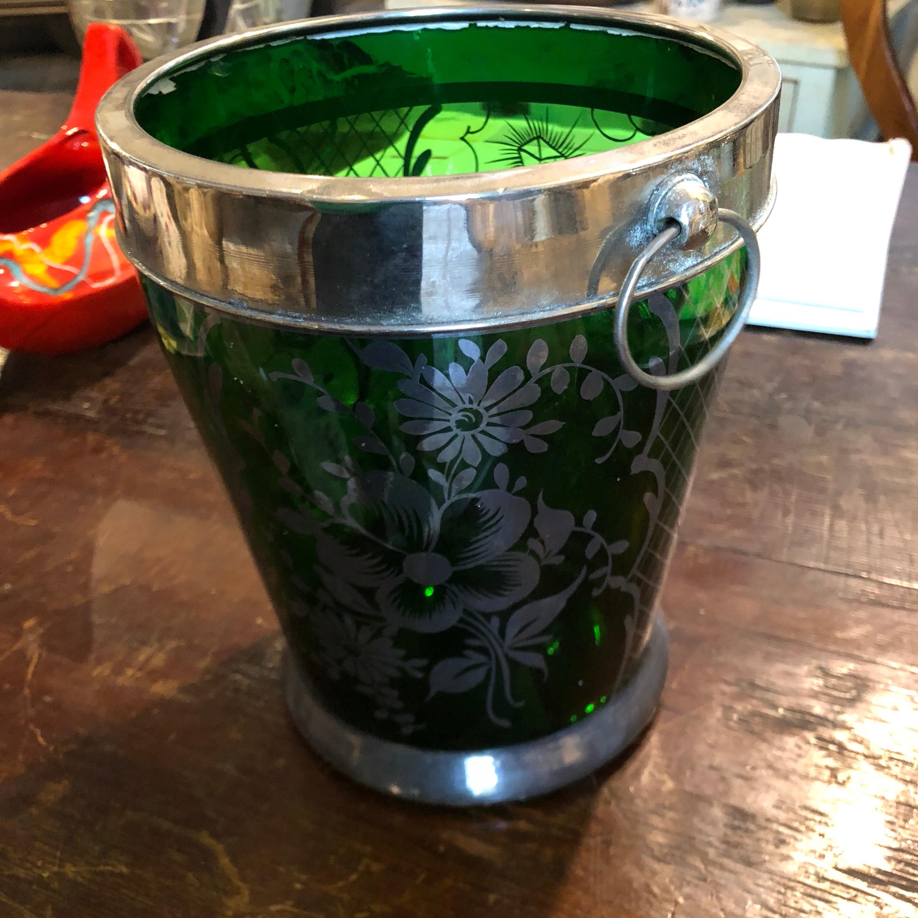 Art Deco Italian Green Glass with Silver decorations Wine Cooler 1940 2