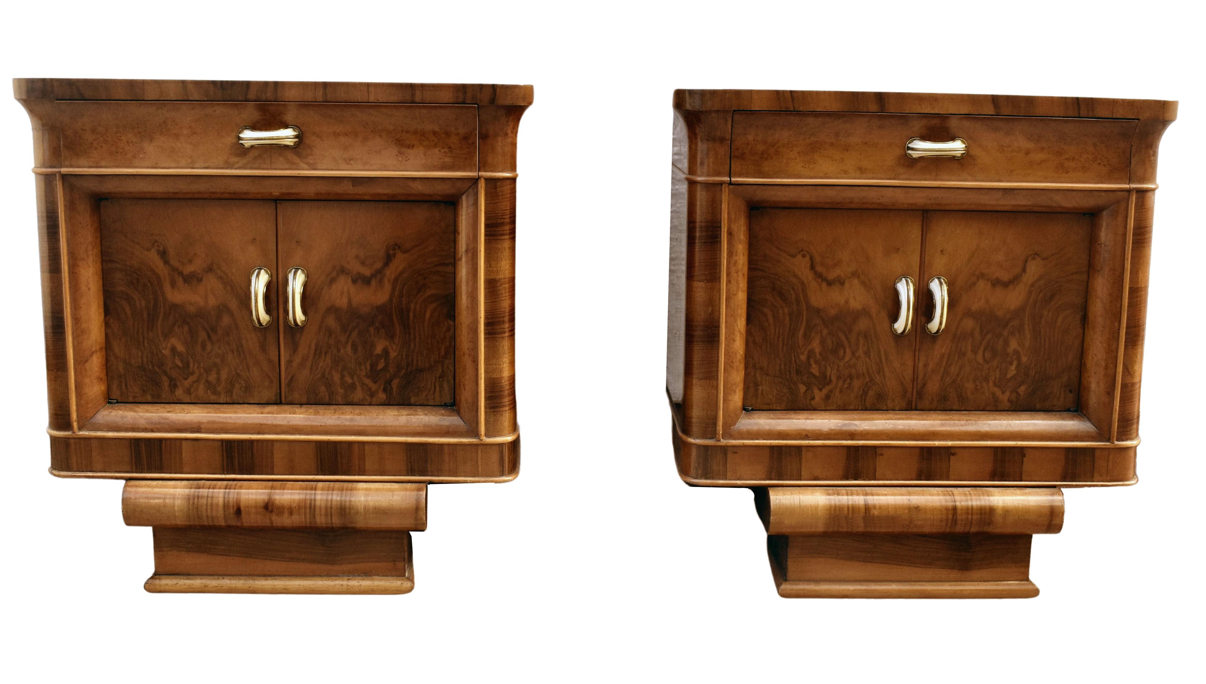 A rare opportunity to acquire high styled and totally original Art Deco bedside tables. Originating from Italy and dating to the early 1930's they fill both the highly desired shape of Art Deco at its best and sort after the luscious veneers of