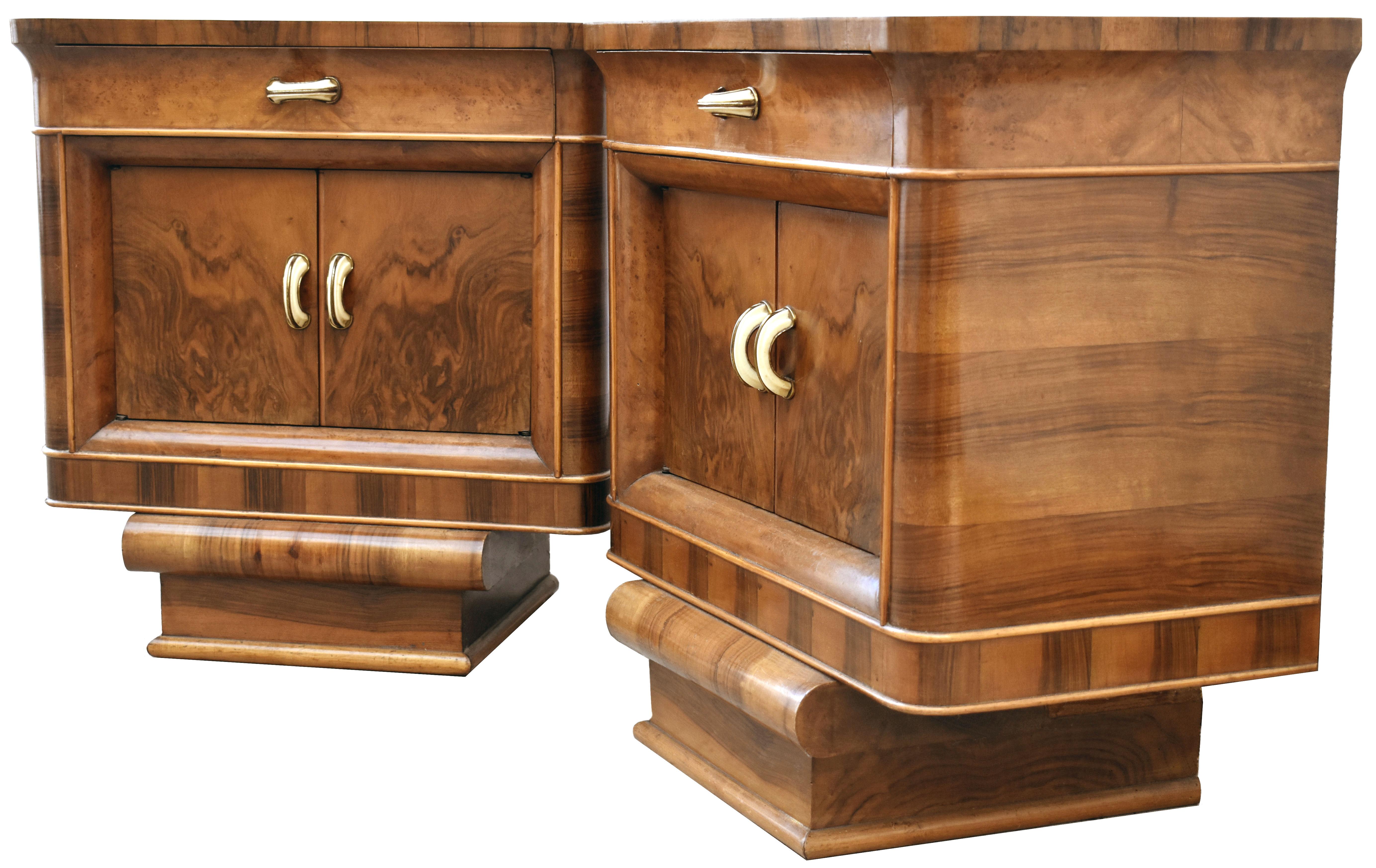 Art Deco Italian Matching Pair of Walnut Bedside Cabinet, Night Stands, C1930 2