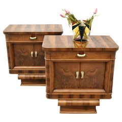 Art Deco Italian Matching Pair of Walnut Bedside Cabinet, Night Stands, C1930