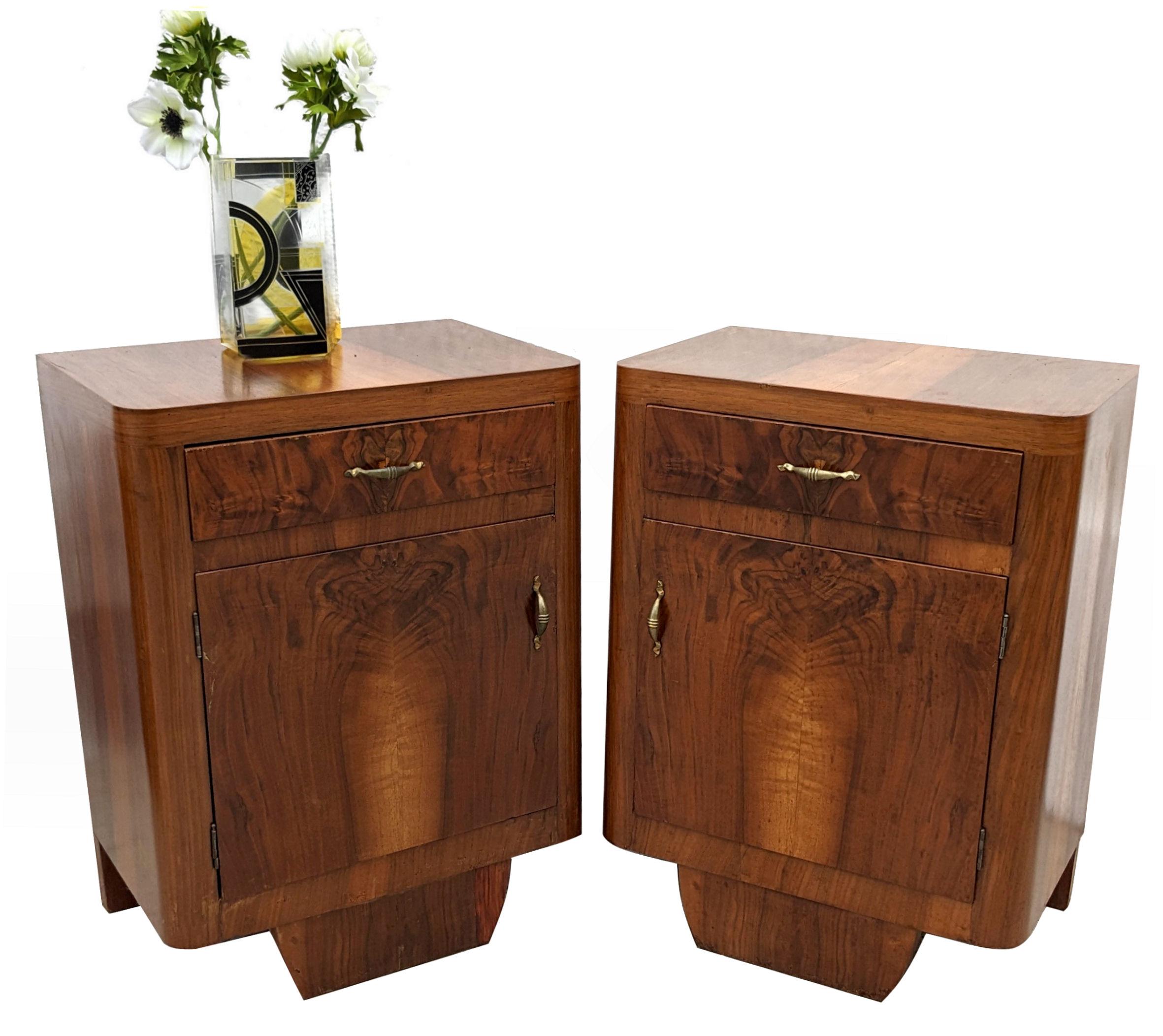 Brass Art Deco Italian Matching Pair Of Walnut Bedside Cabinets, Nightstands, c1930
