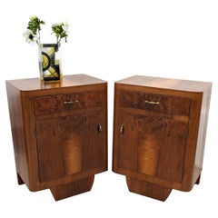 Art Deco Italian Matching Pair Of Walnut Bedside Cabinets, Nightstands, c1930