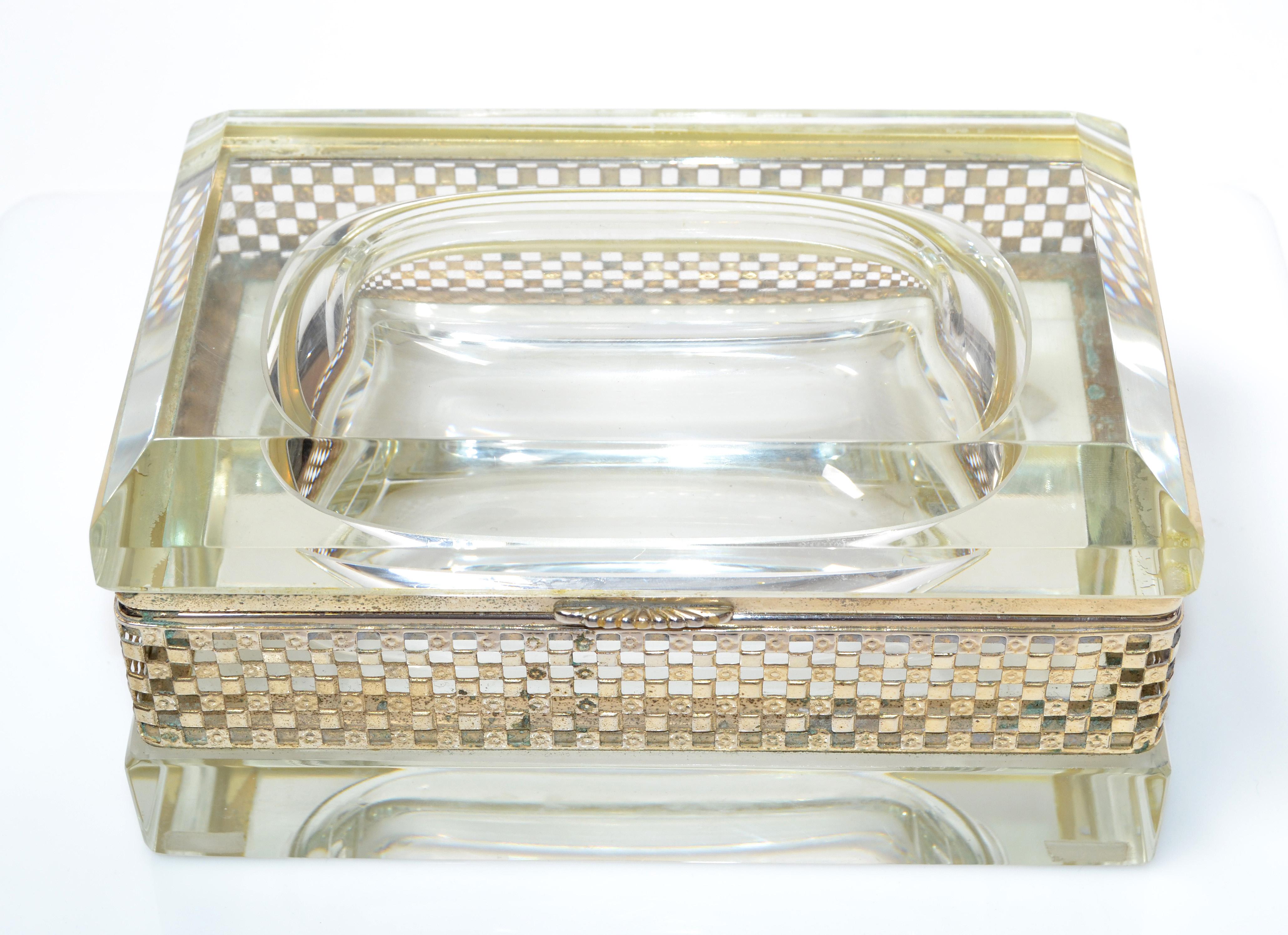 Beveled Art Deco Italian Murano Glass & 24k Gold Plate Jewelry Case Mandruzzato Style  For Sale