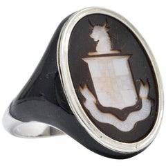 Art Deco Italian Nobility Intaglio Coat-of-Arms Enamel Platinum Signet Ring