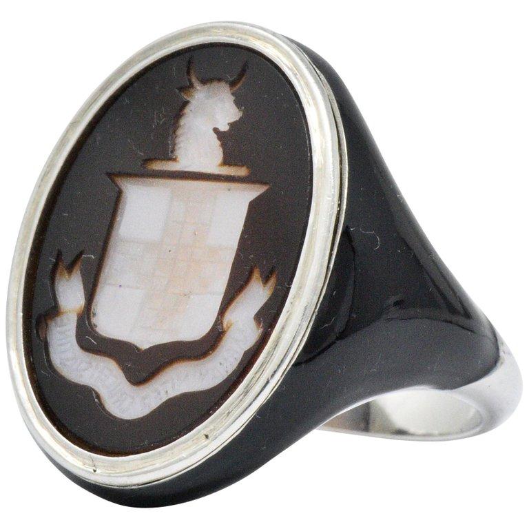 Oval Cut Art Deco Italian Nobility Intaglio Coat-of-Arms Enamel Platinum Signet Ring