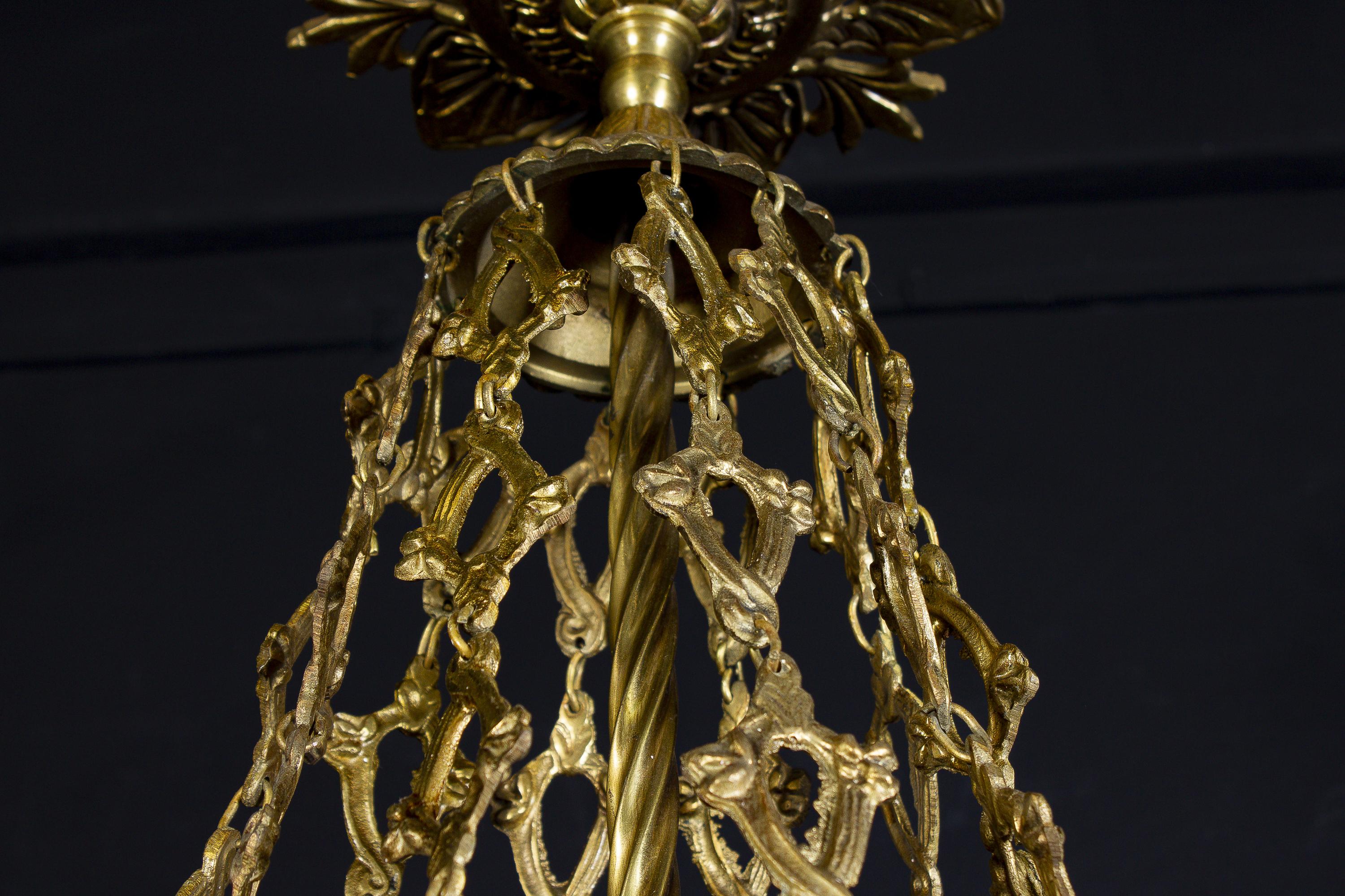 Art Deco Italian Ormolu and Murano Glass Majestic Lantern Chandelier, 1930 3