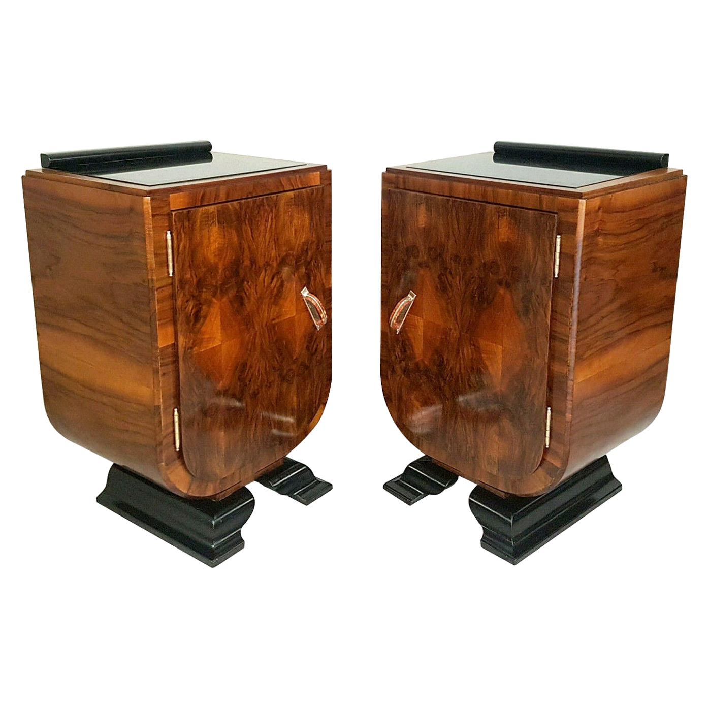 Art Deco Italian Pair of Matching Bedside Table Cabinets, circa 1930