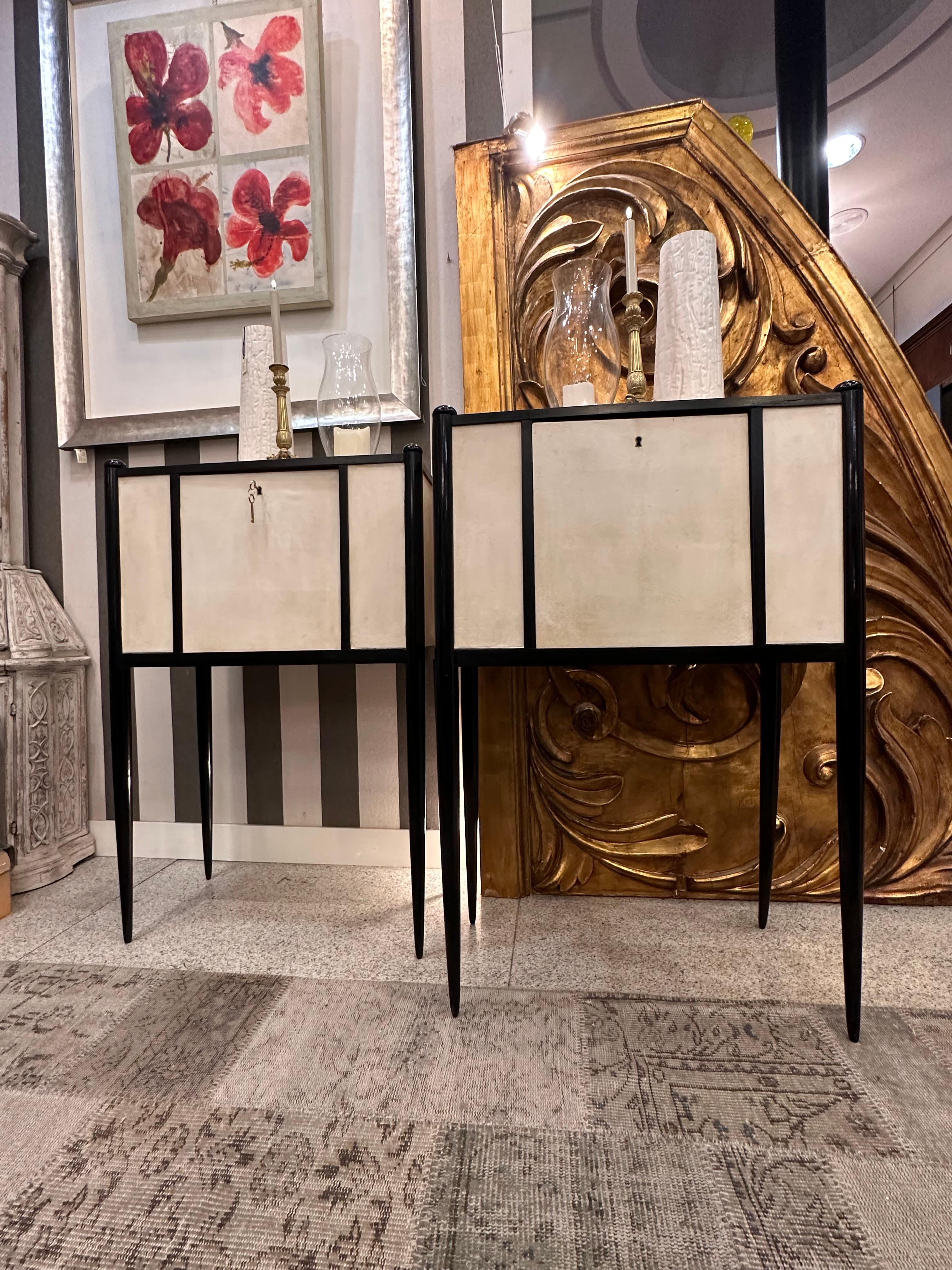 Hand-Crafted Art Deco Italian Paolo Buffa  black and white couple of Cabinets Secretaries