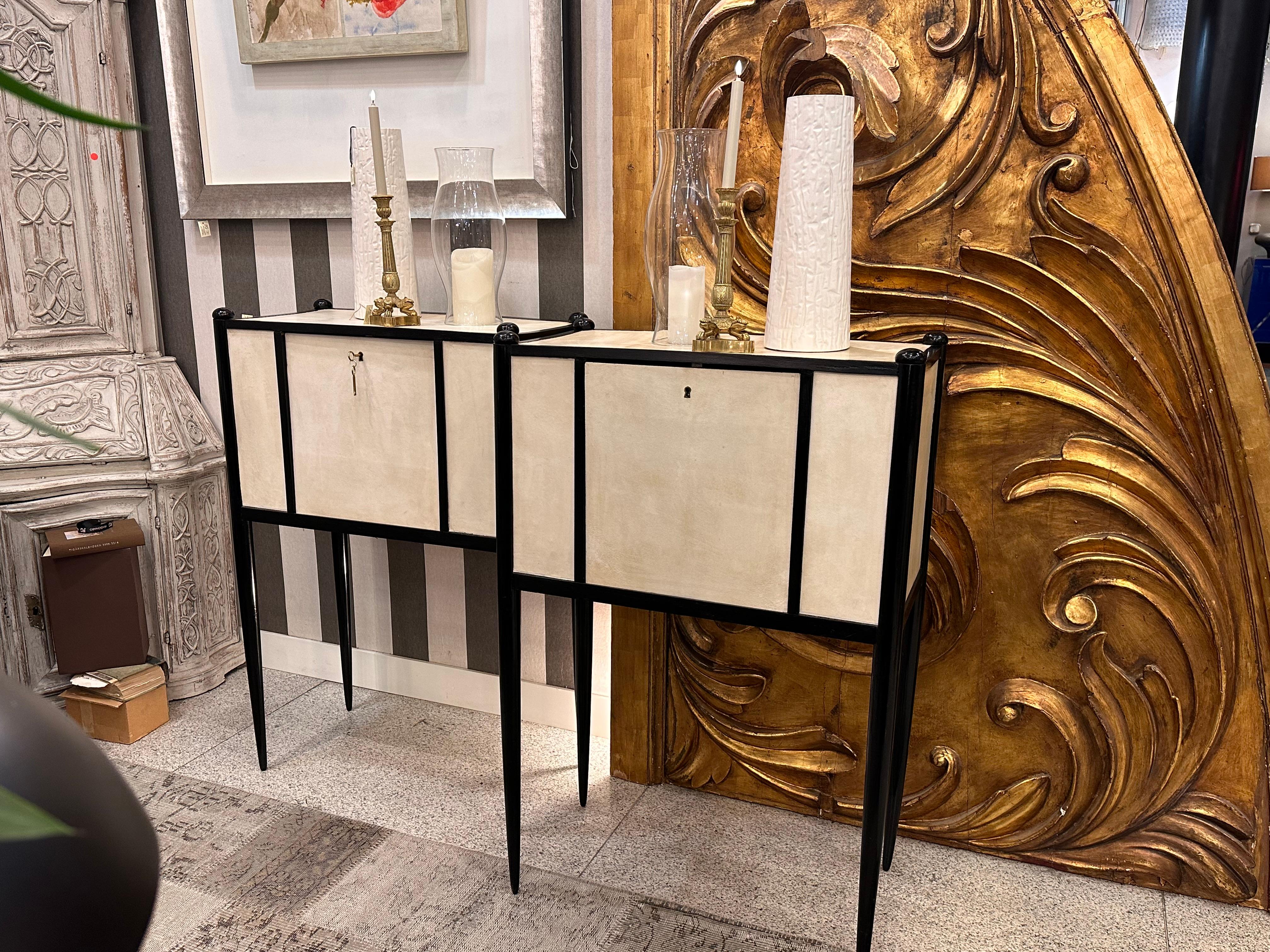 Leather Art Deco Italian Paolo Buffa  black and white couple of Cabinets Secretaries