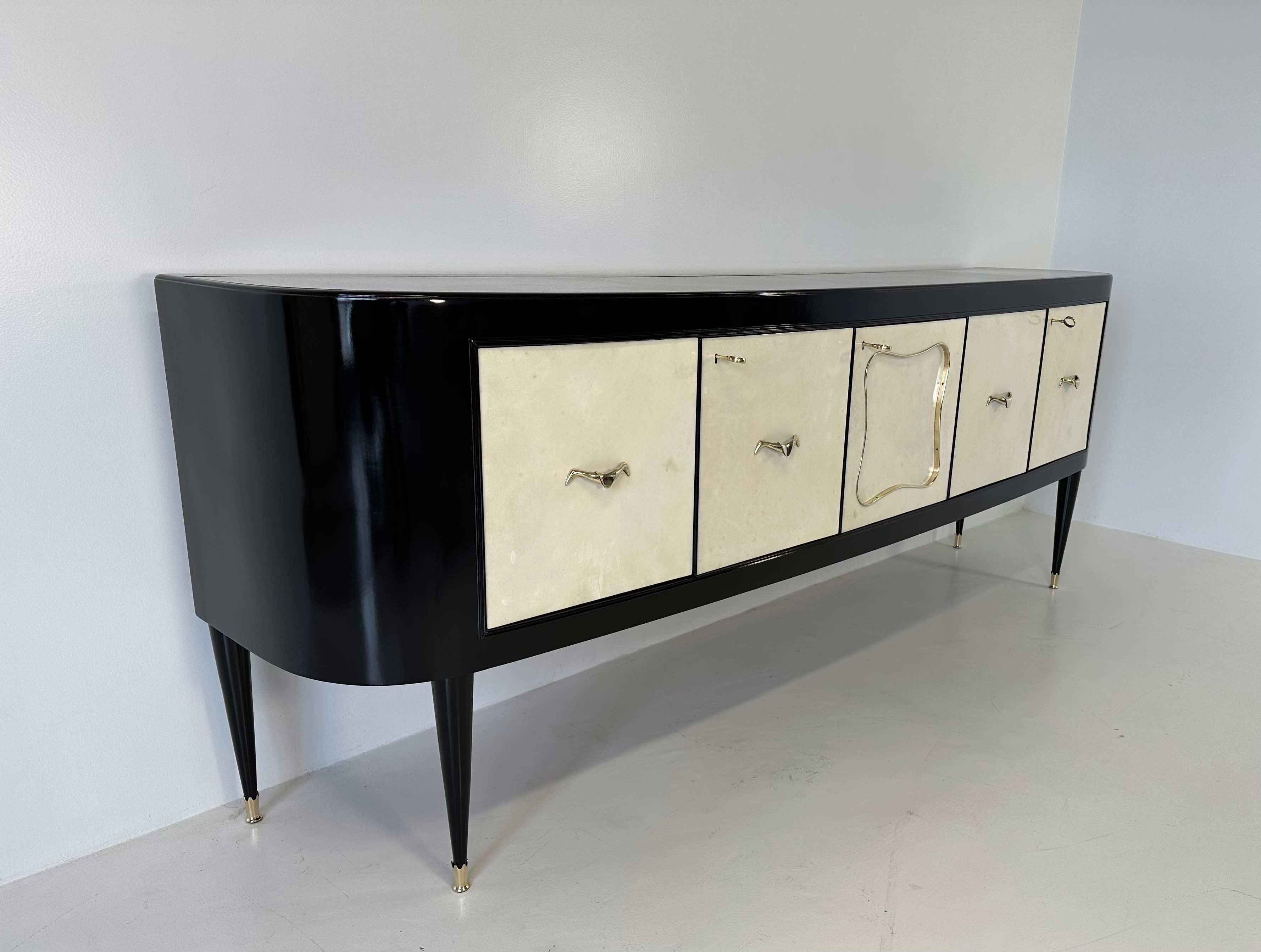 Brass Art Deco Italian Parchment and Black Lacquer Sideboard and Bar, 1950 For Sale