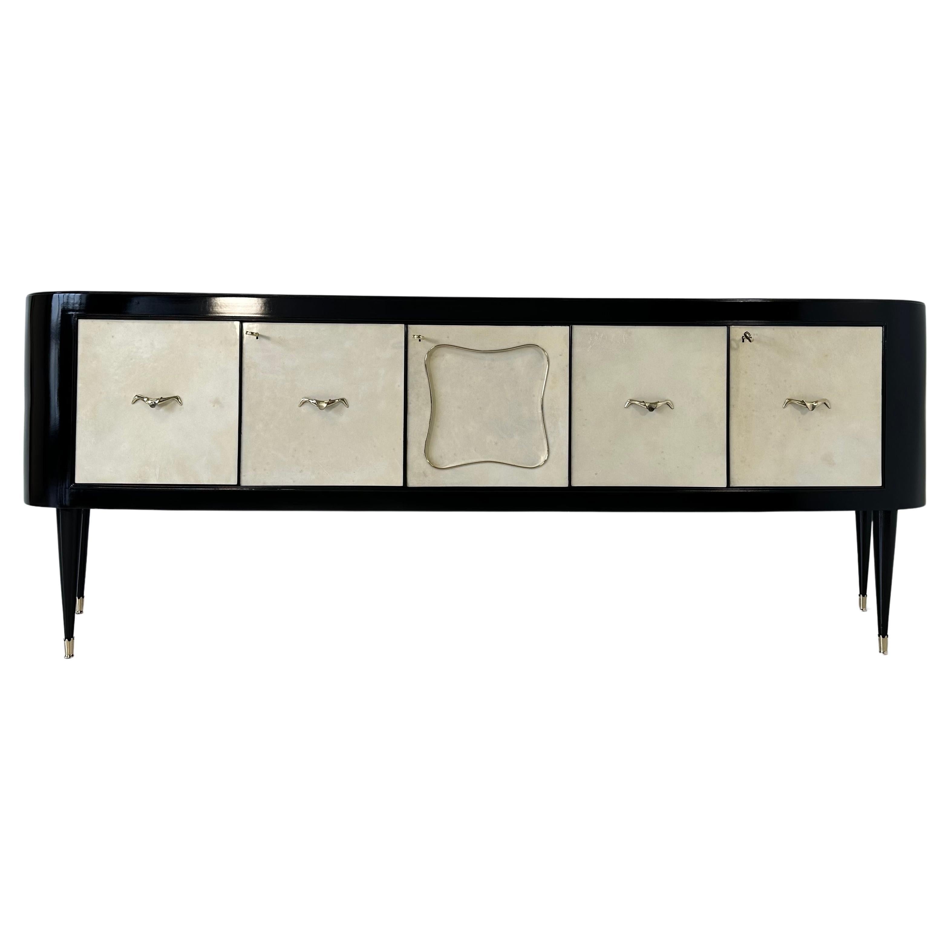 Art Deco Italian Parchment and Black Lacquer Sideboard and Bar, 1950 For Sale