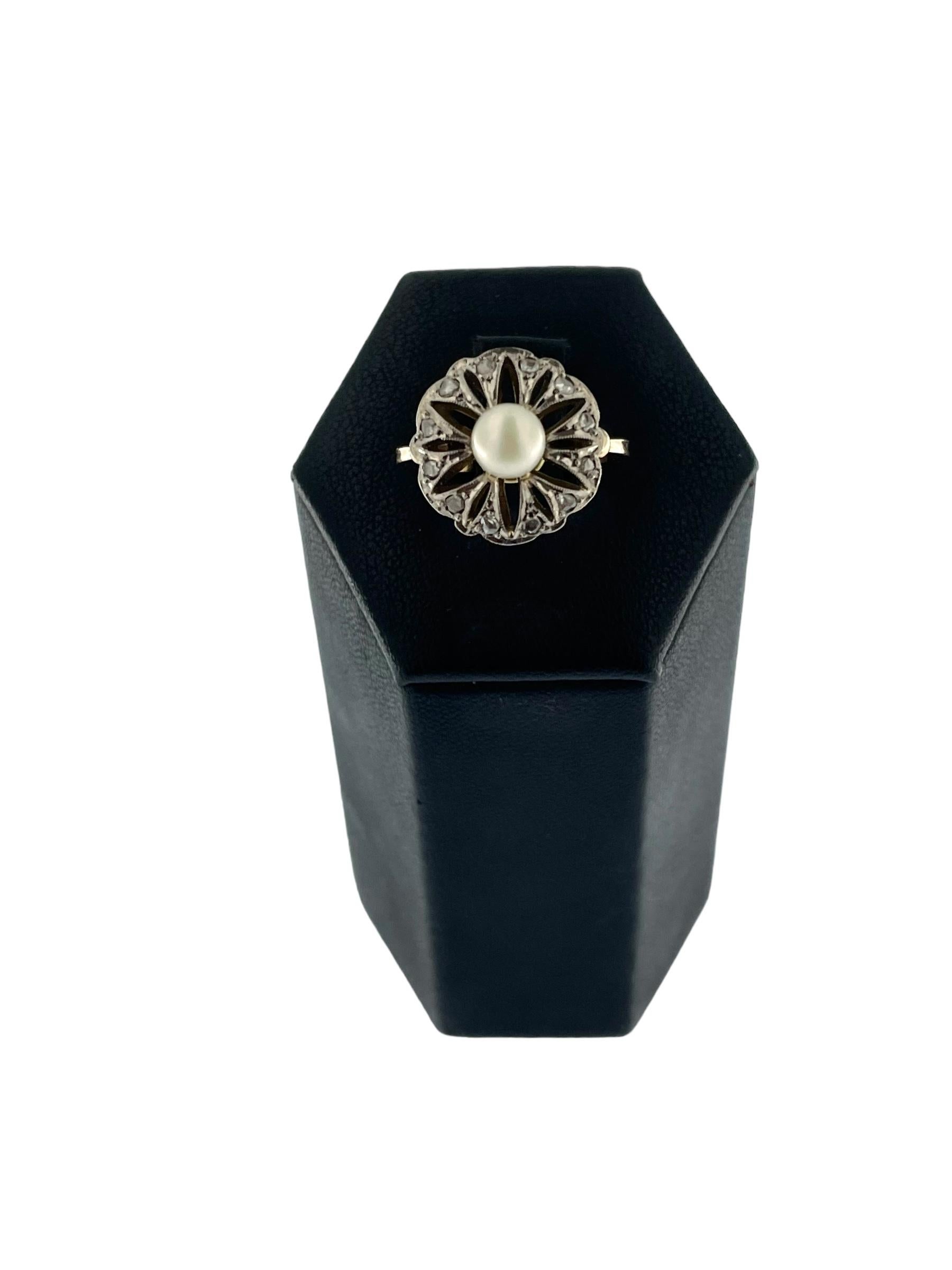 Rose Cut Art Deco Italian Ring Platinum and Gold with Pearl and Diamonds For Sale