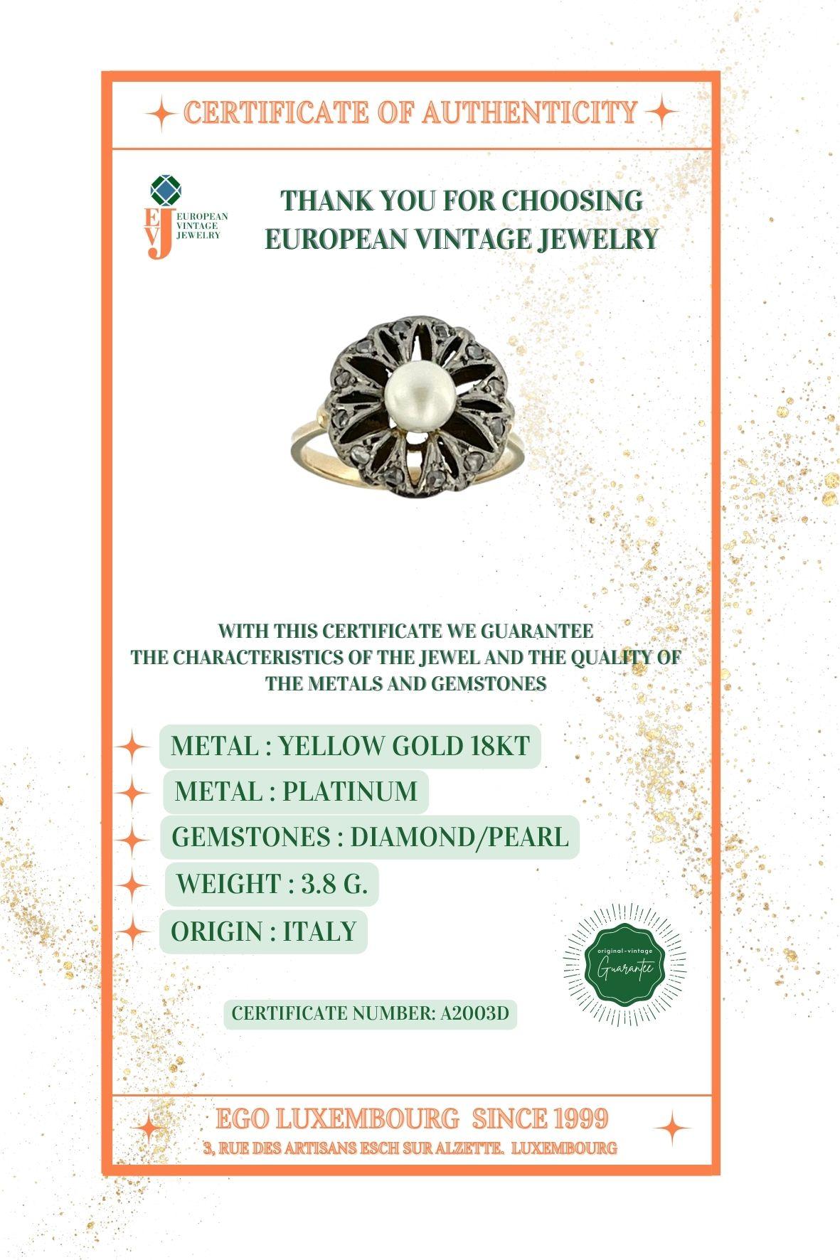 Art Deco Italian Ring Platinum and Gold with Pearl and Diamonds For Sale 4