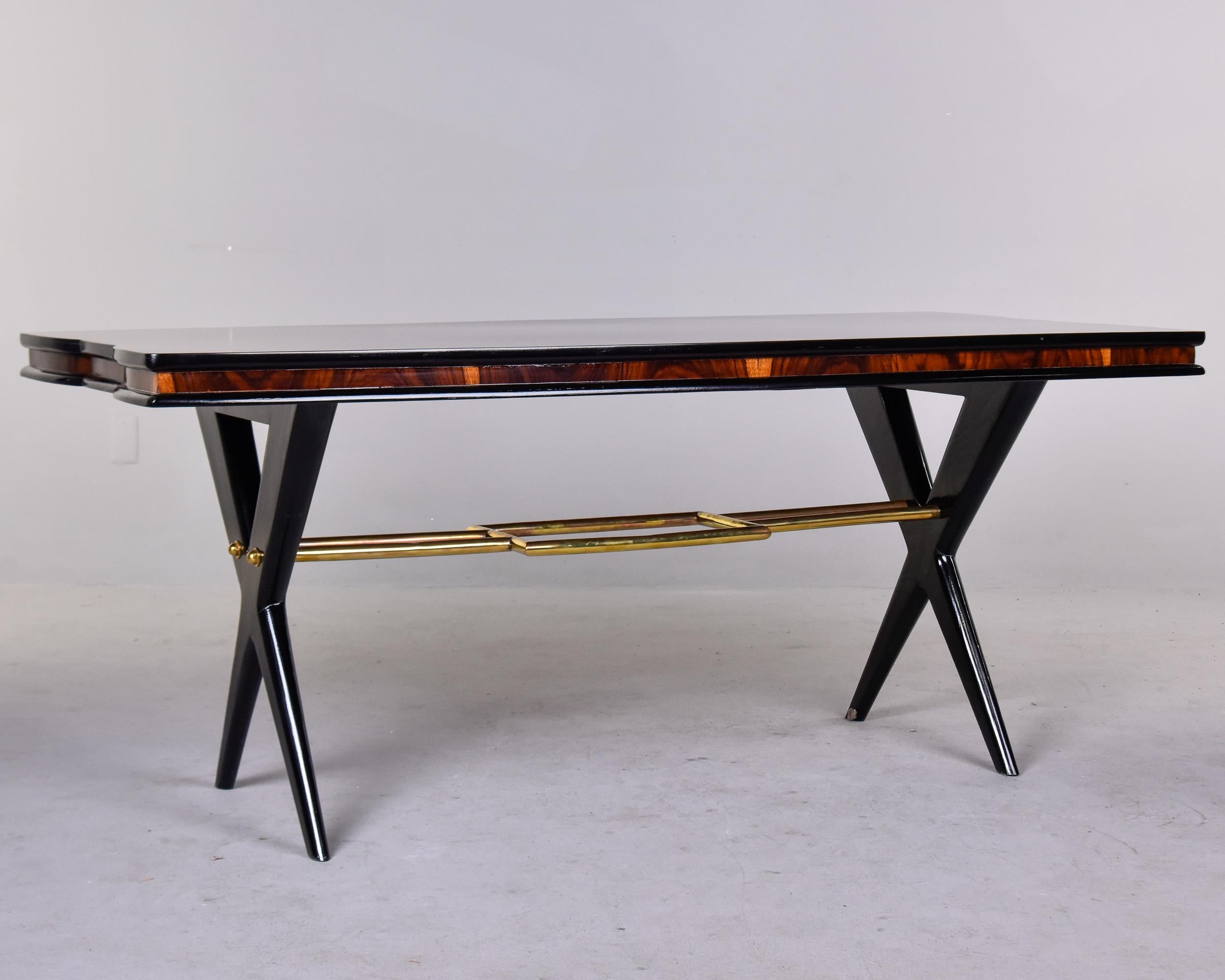 20th Century Art Deco Italian Rosewood Dining Table with Decorative Brass Stretcher For Sale