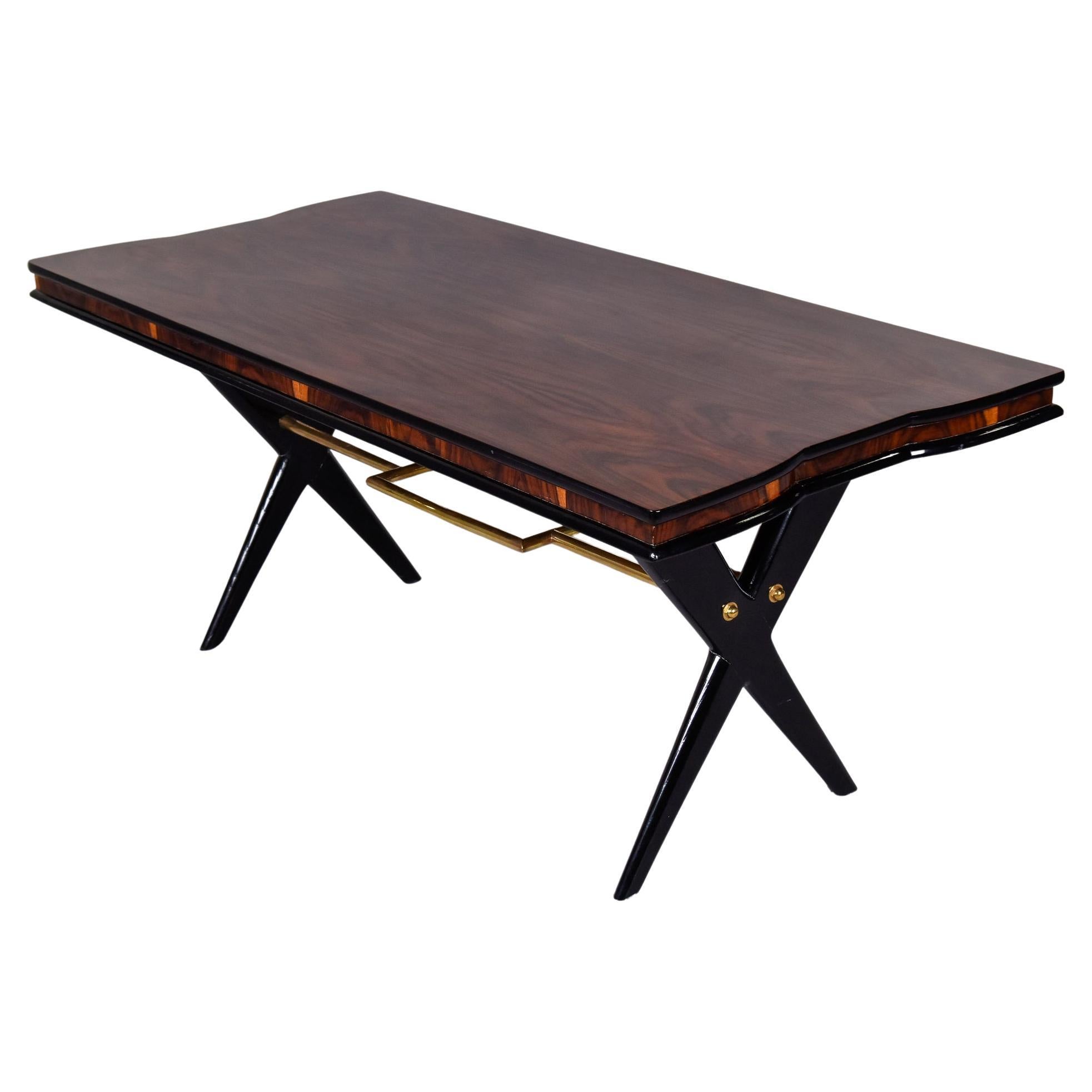 Art Deco Italian Rosewood Dining Table with Decorative Brass Stretcher