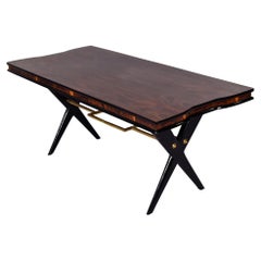 Art Deco Italian Rosewood Dining Table with Decorative Brass Stretcher