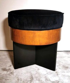 Art Deco Italian Round Bench Seat Upholstered in Black Velvet