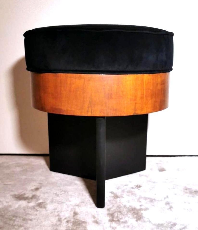 Hand-Crafted Art Deco Italian Round Bench Seat Upholstered in Black Velvet 