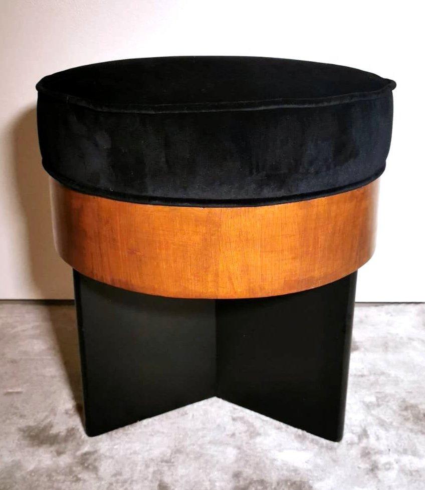 20th Century Art Deco Italian Round Bench Seat Upholstered in Black Velvet 