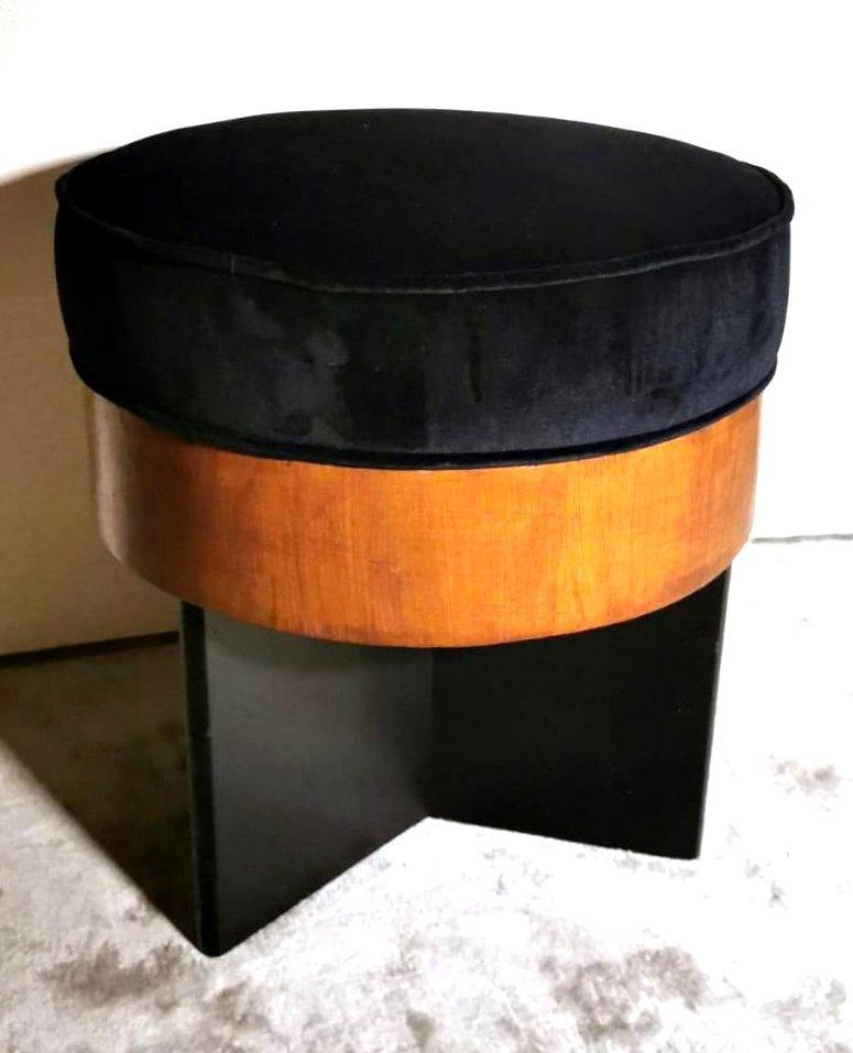 Art Deco Italian Round Bench Seat Upholstered in Black Velvet  1