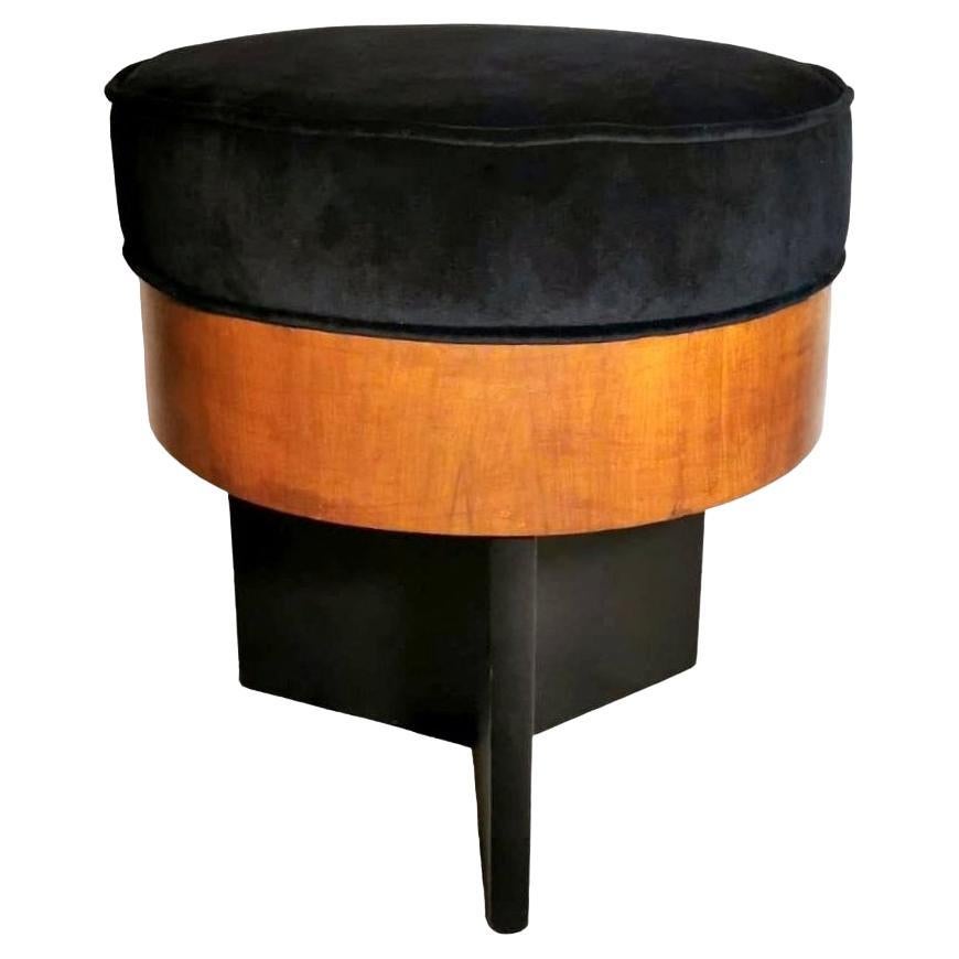 Art Deco Italian Round Bench Seat Upholstered in Black Velvet 
