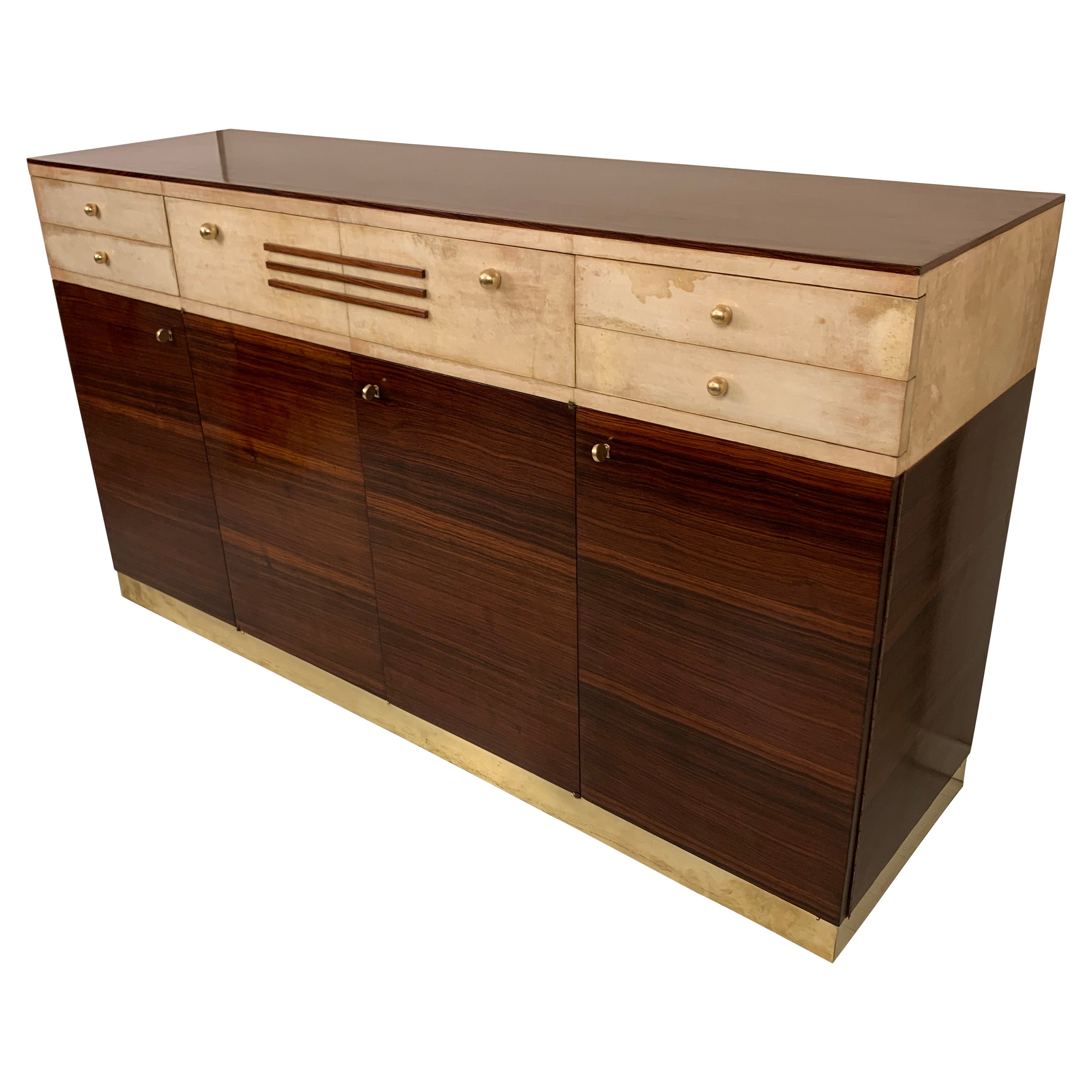 Italienisches Art-Déco-Sideboard mit fünf Schubladen, Pergament und vier Türen