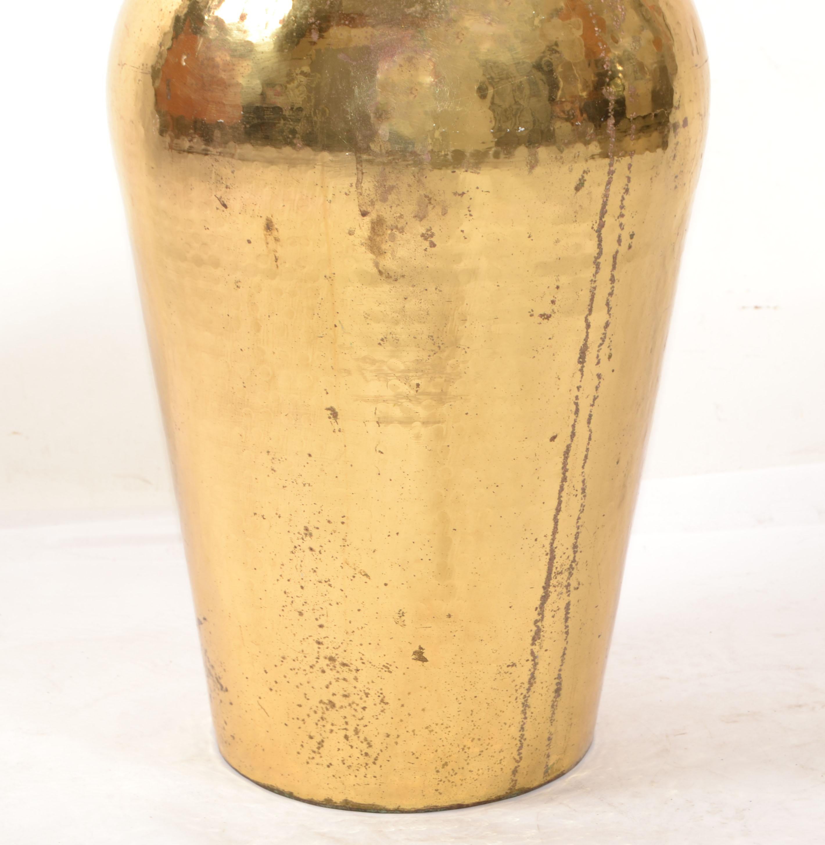 20th Century Art Deco Italian Style Large Urn Cone Shape Hand-Hammered Brass Vase Vessel 1970