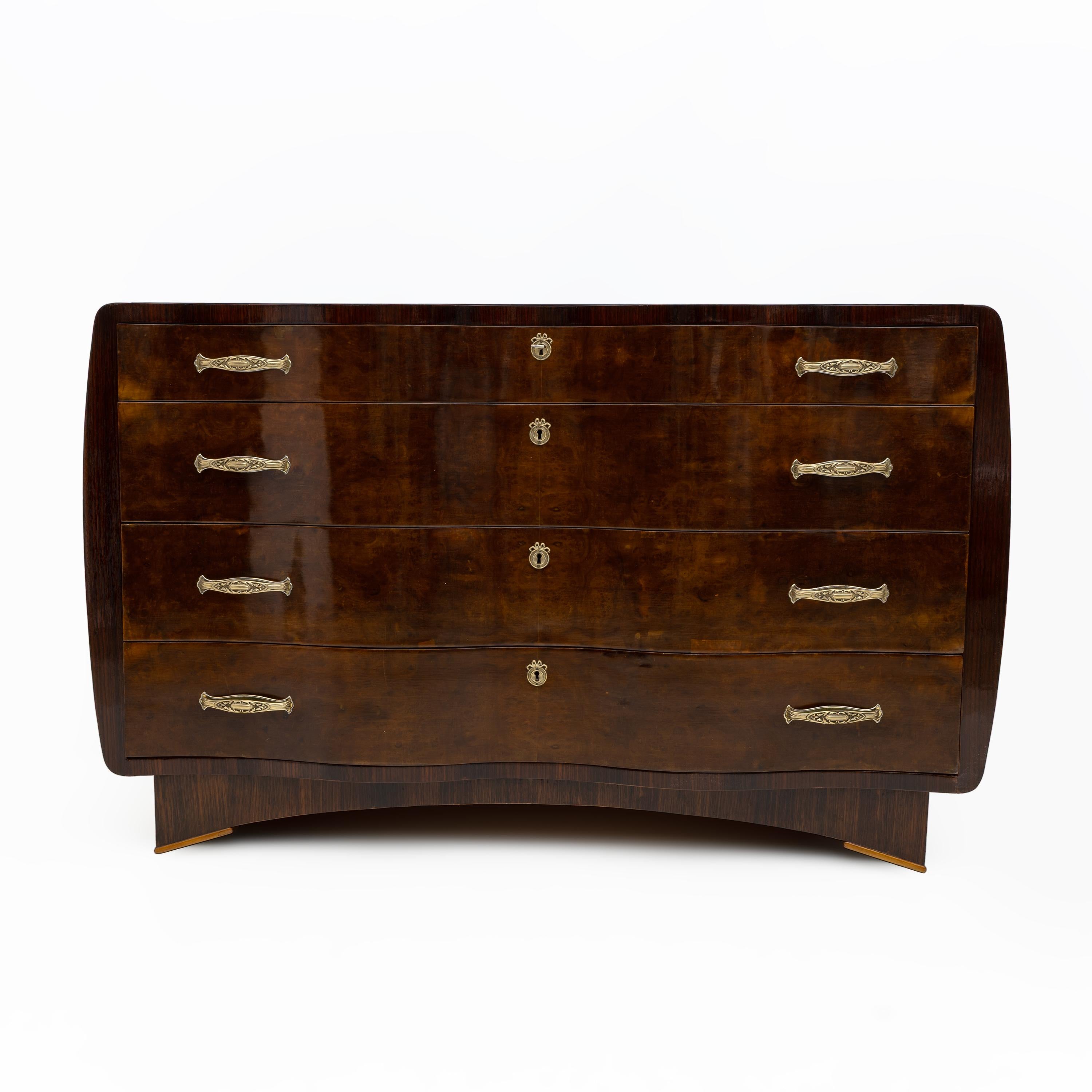 Brass Art Deco Italian Thuja Root Curved Chest of Drawers, 1930s For Sale