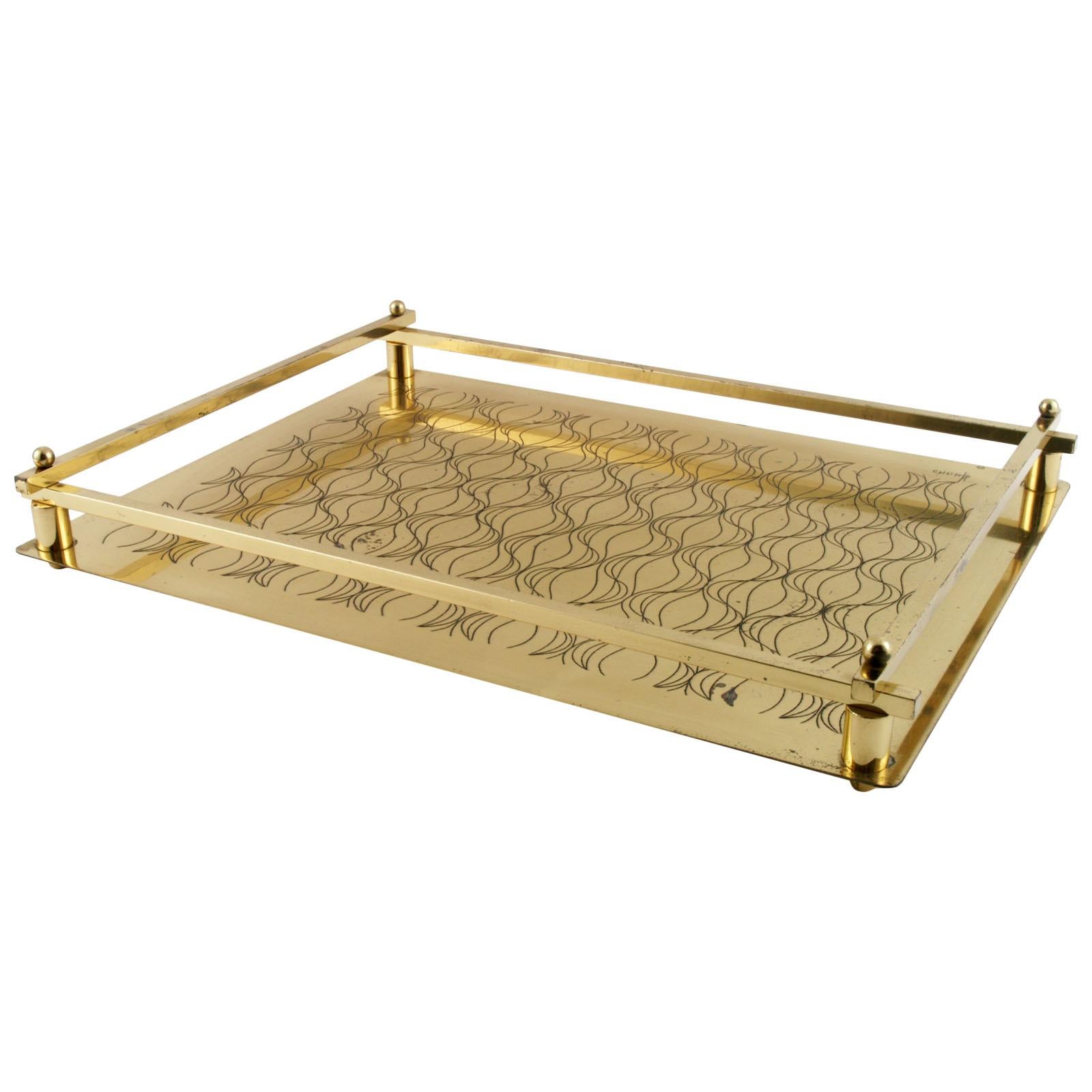 Art Deco 1940s Italian Tray Table, Golden Metal Decorated with Geometric Shapes For Sale