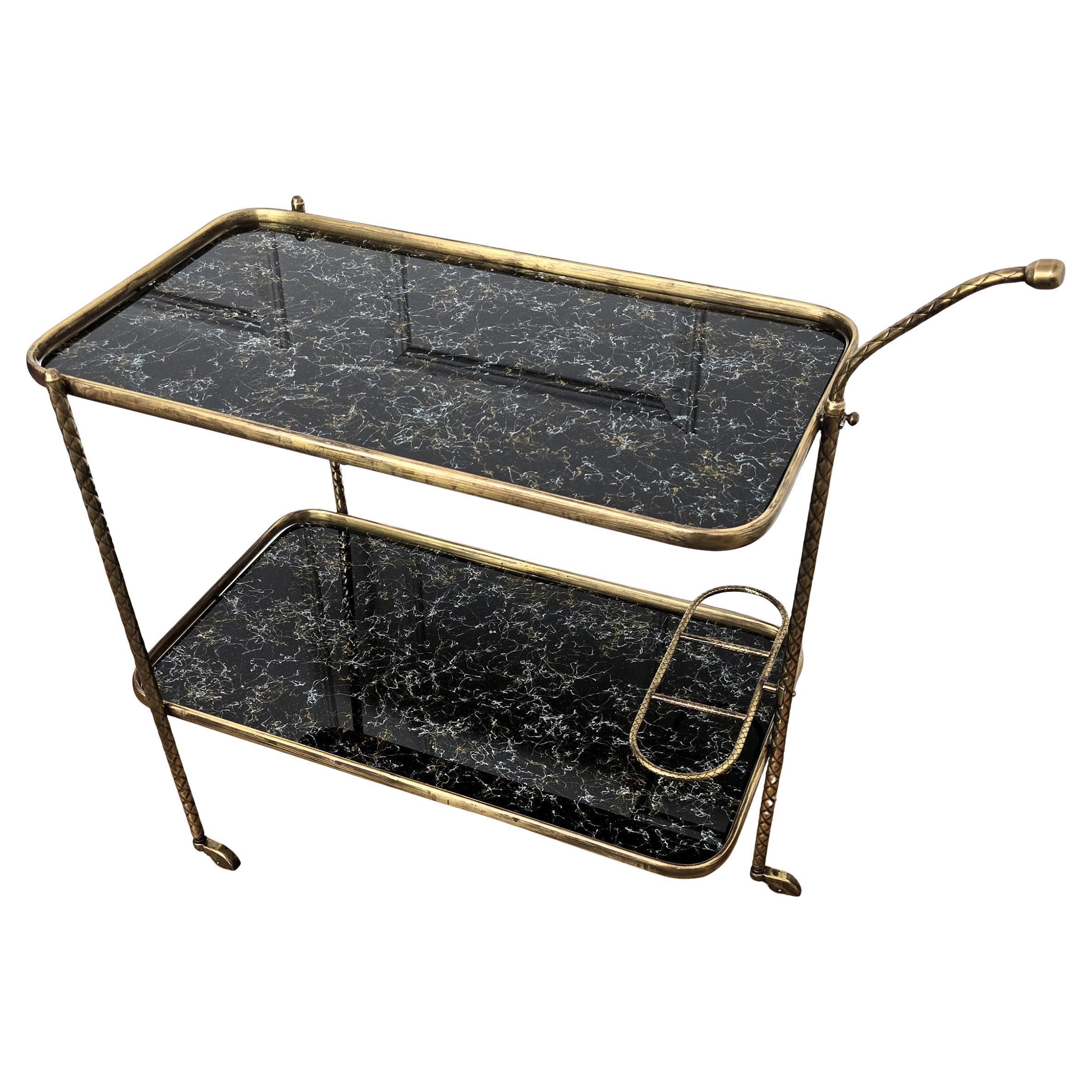 Art Deco Italian Two-Tier Gilt Brass and Marble Glass Bar Cart