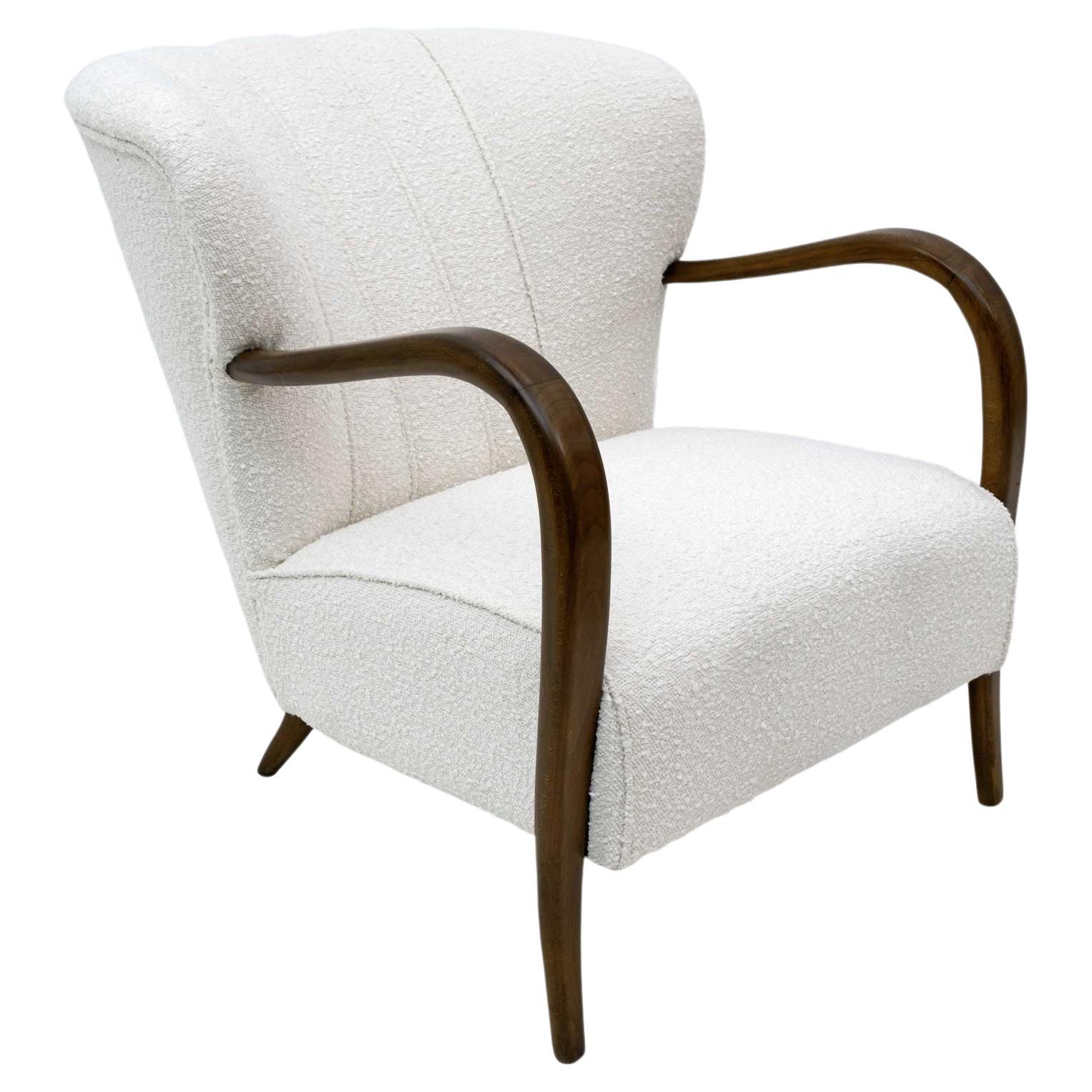 Sillón italiano de nogal y bouclé estilo Art Déco Malatesta y Masson, años 50