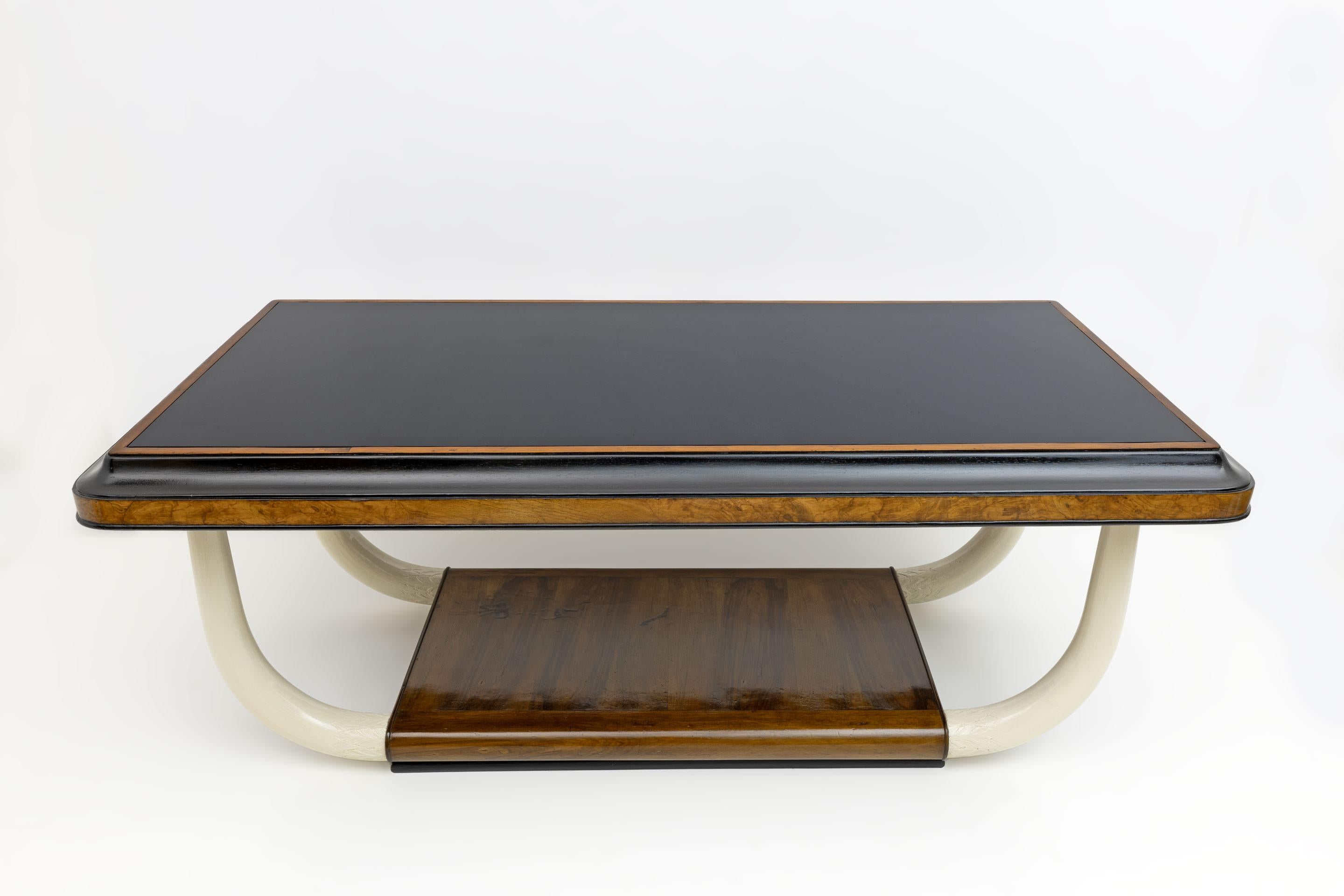 Art Deco Italian Walnut and Top Glass Table with Elephant Tusk Legs, 30s For Sale 2
