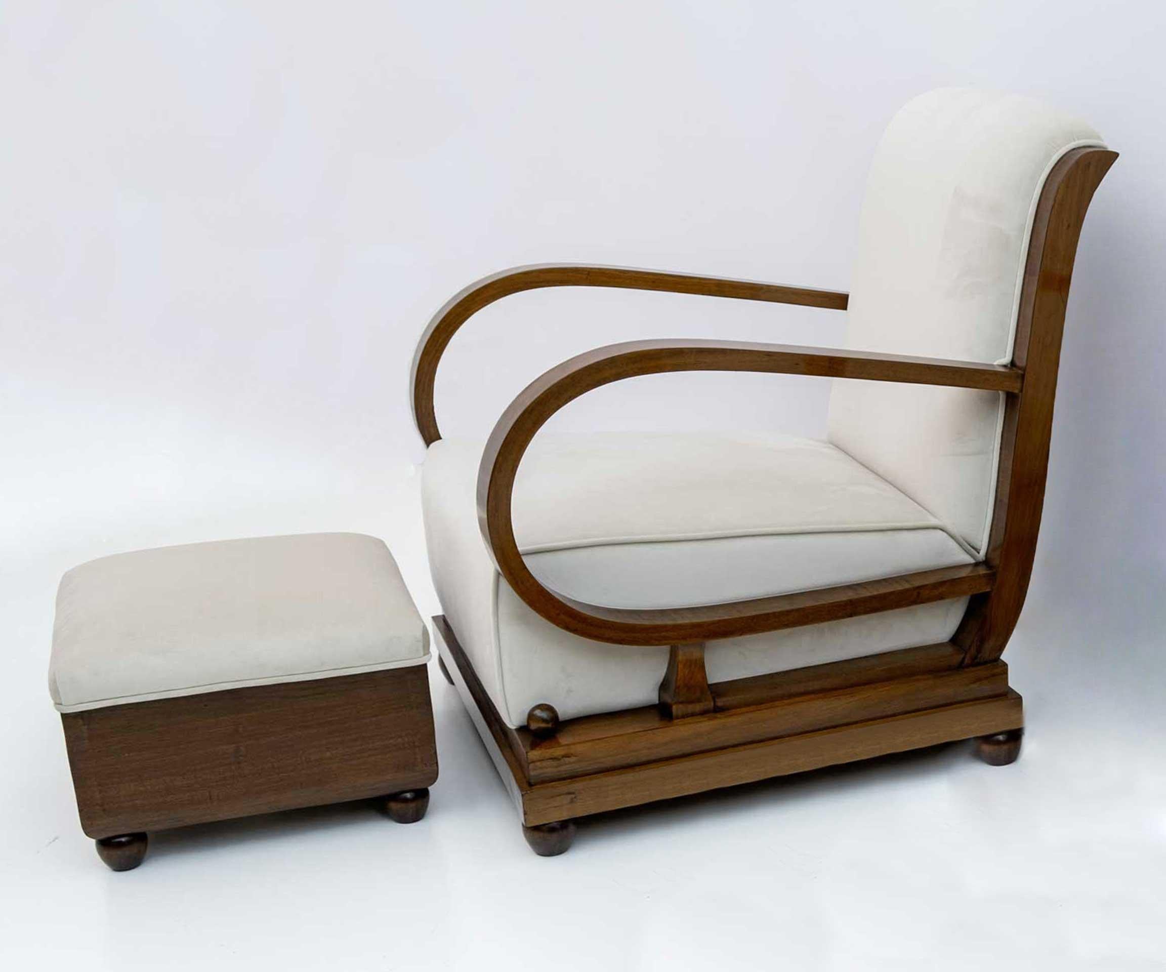Art Deco Italian Walnut and Velvet Armchair and Ottoman, 1920s For Sale 2
