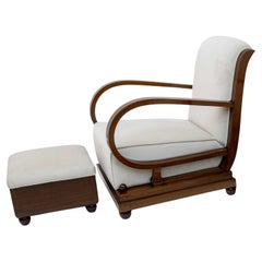 Antique Art Dèco Italian Walnut and Velvet Armchair and Ottoman, 1920s