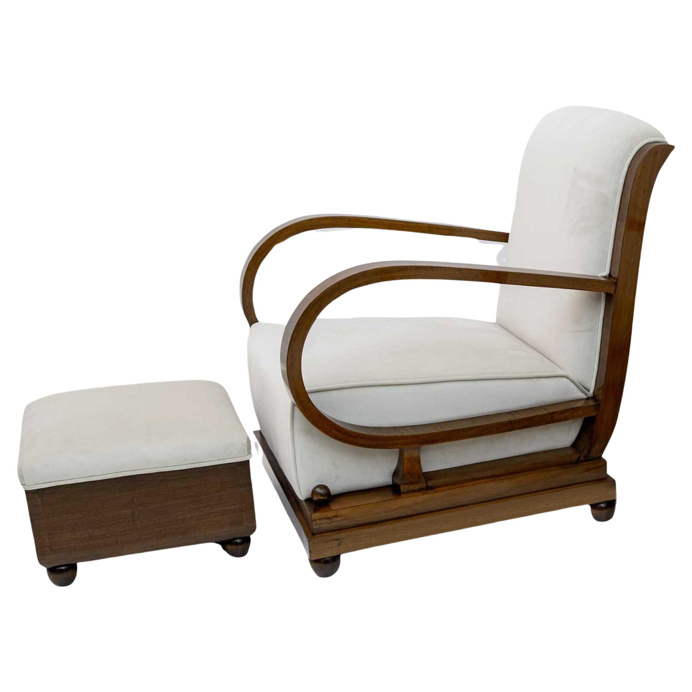 Italienischer Sessel und Ottomane aus Nussbaum und Samt im Art-Deco-Stil, 1920er Jahre im Angebot