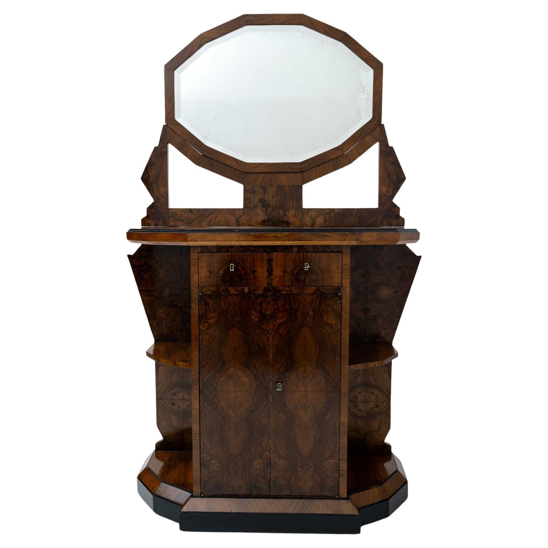Art Deco Italian Walnut Briar Sideboard with Mirror, Early 20th Century For Sale