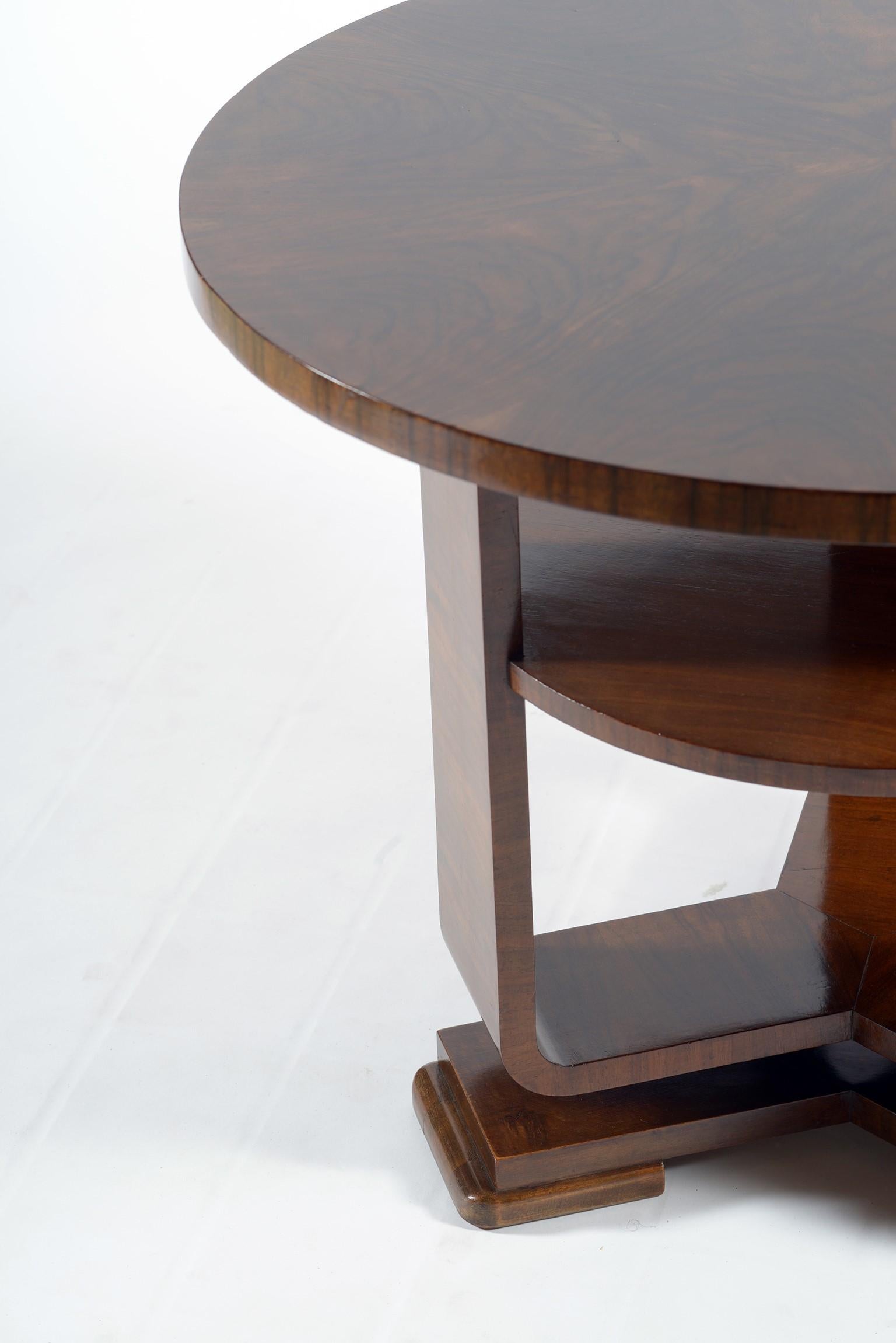Art Deco Italian Walnut Burl Round Double Shelves Side Table, 1930 1