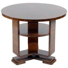 Art Deco Italian Walnut Burl Round Double Shelves Side Table, 1930